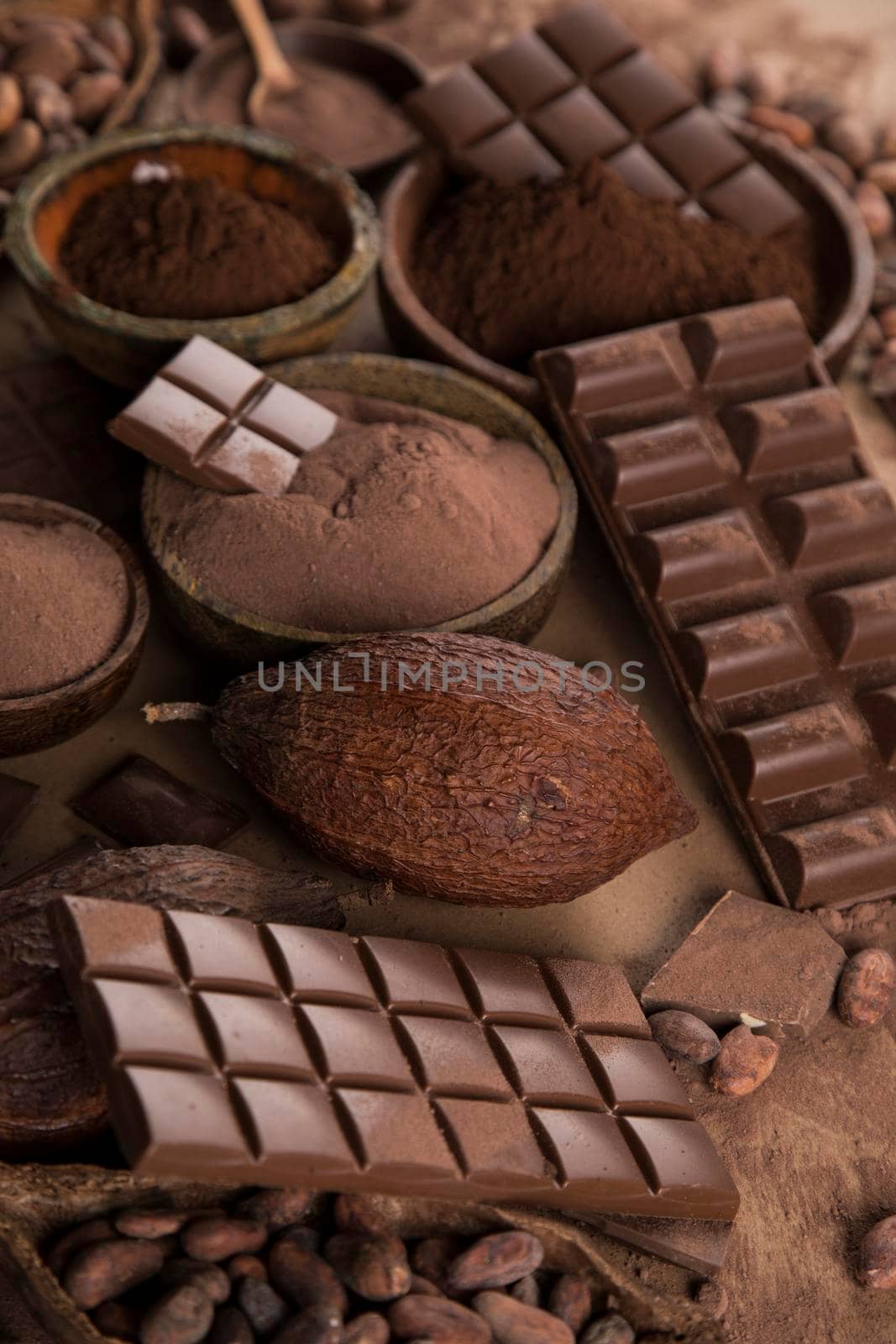 Chocolate bar, candy sweet, cacao beans and powder  by JanPietruszka