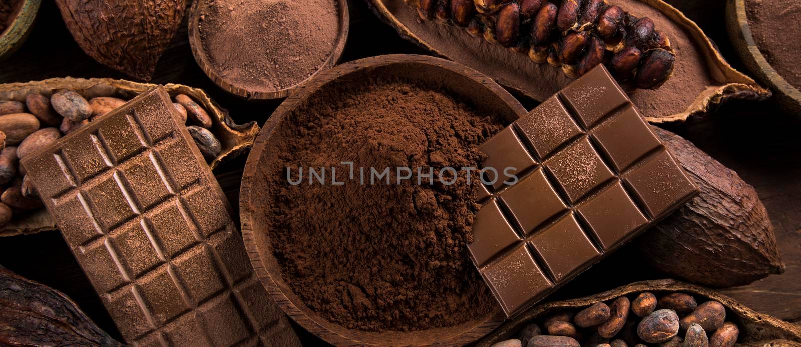 Chocolate bar, candy sweet, cacao beans and powder