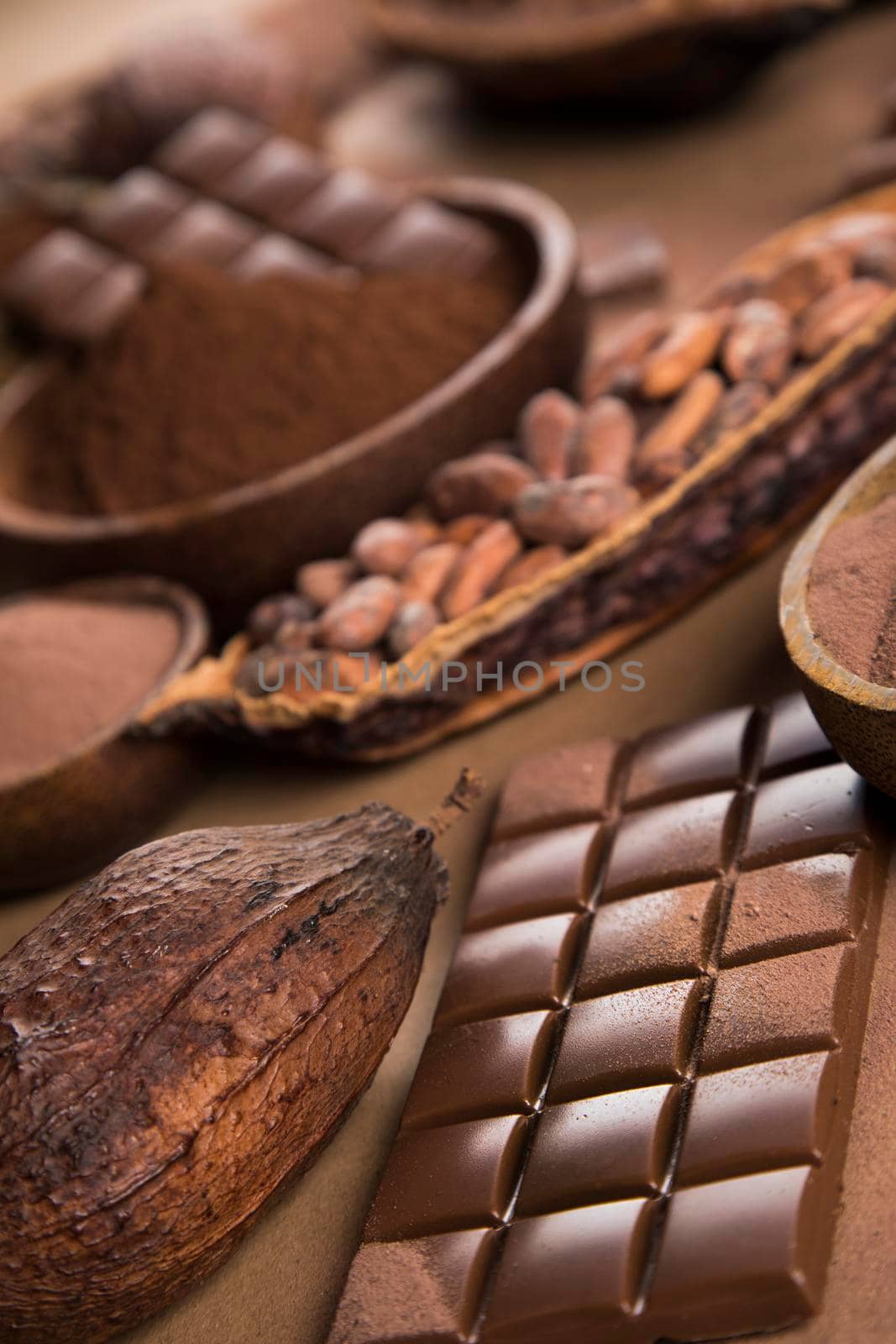 Cocoa pod and chocolate bar and food dessert background