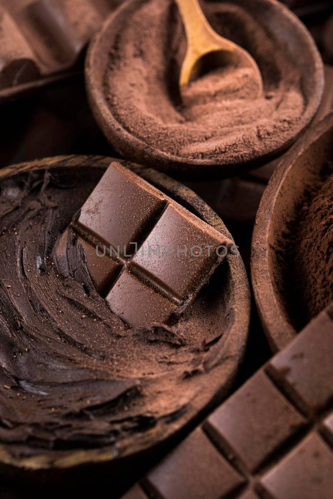 Chocolate bar, candy sweet, cacao beans and powder