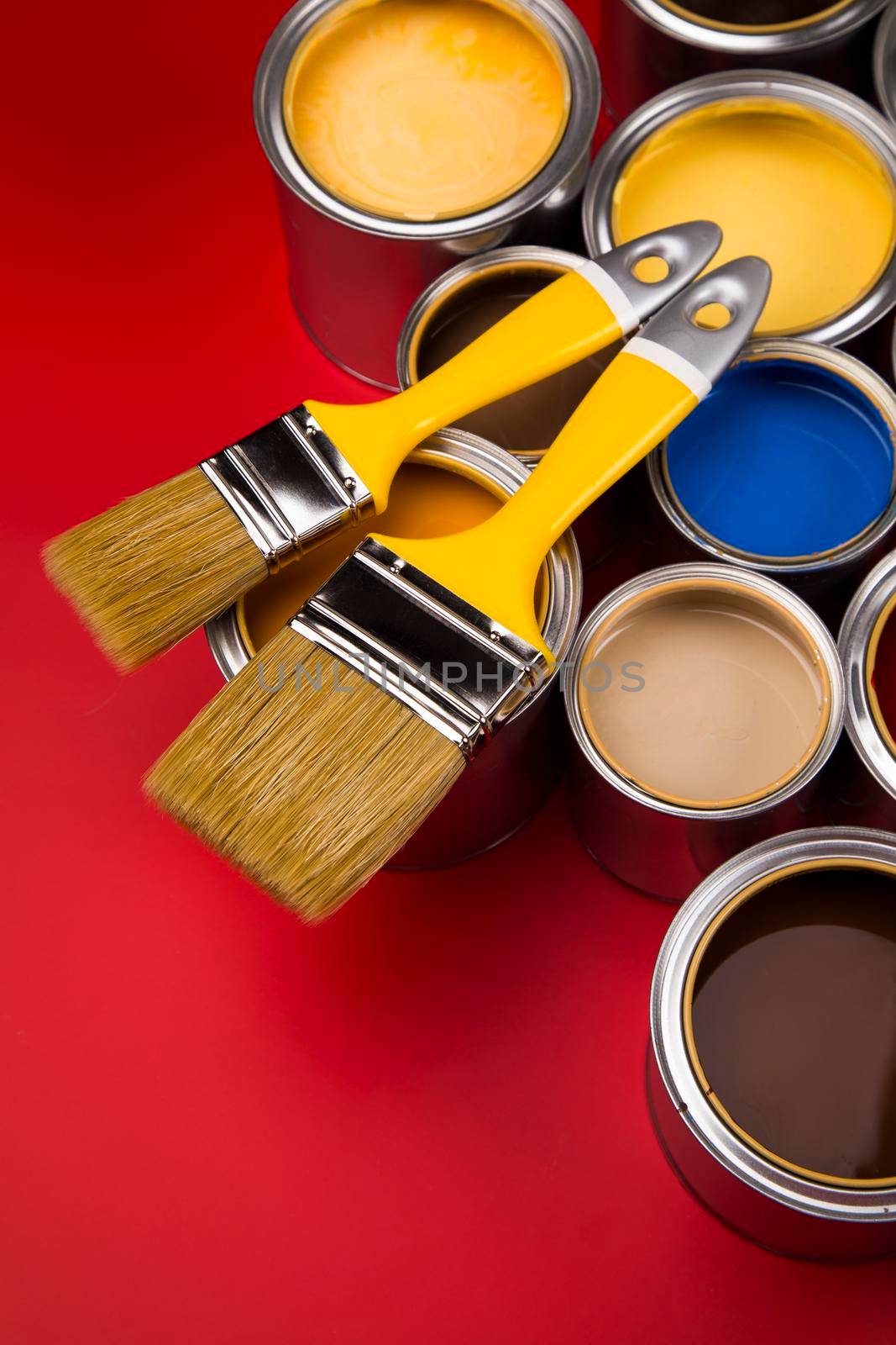 Open paint cans with a brush, Rainbow colors by JanPietruszka