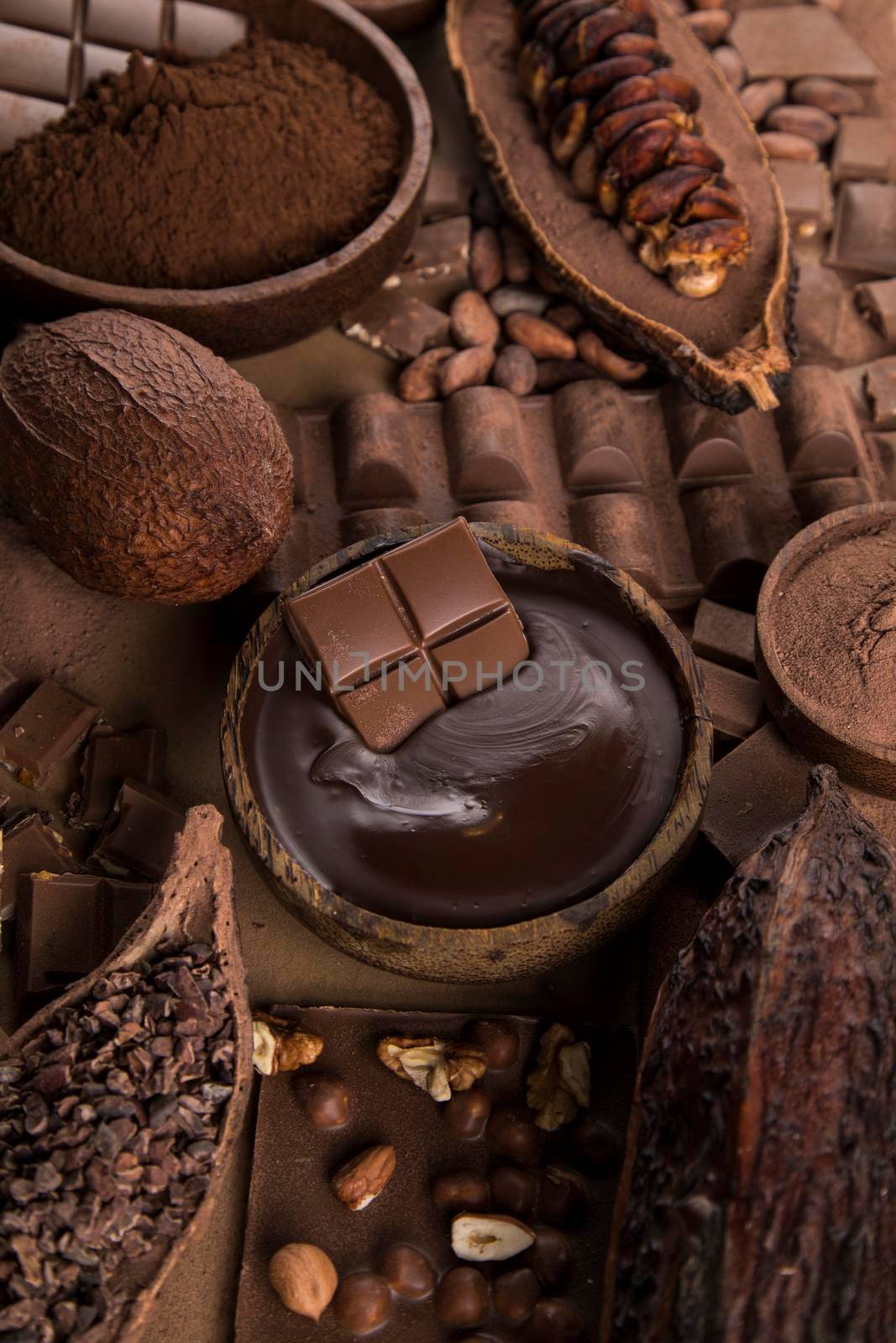 Cocoa pod and chocolate bar and food dessert background  by JanPietruszka