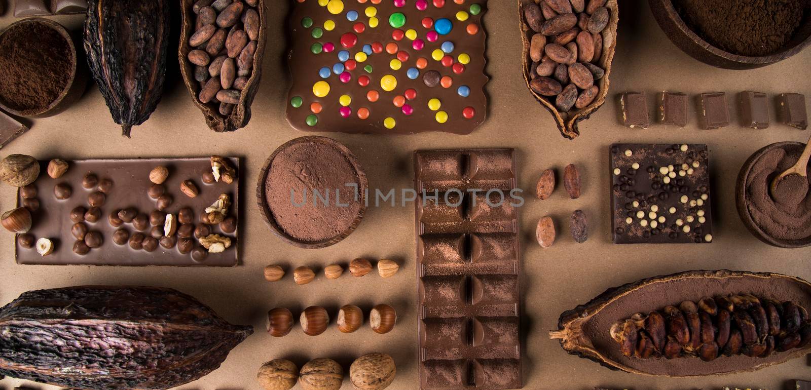 Bars Chocolate, candy sweet, dessert food on natural paper background