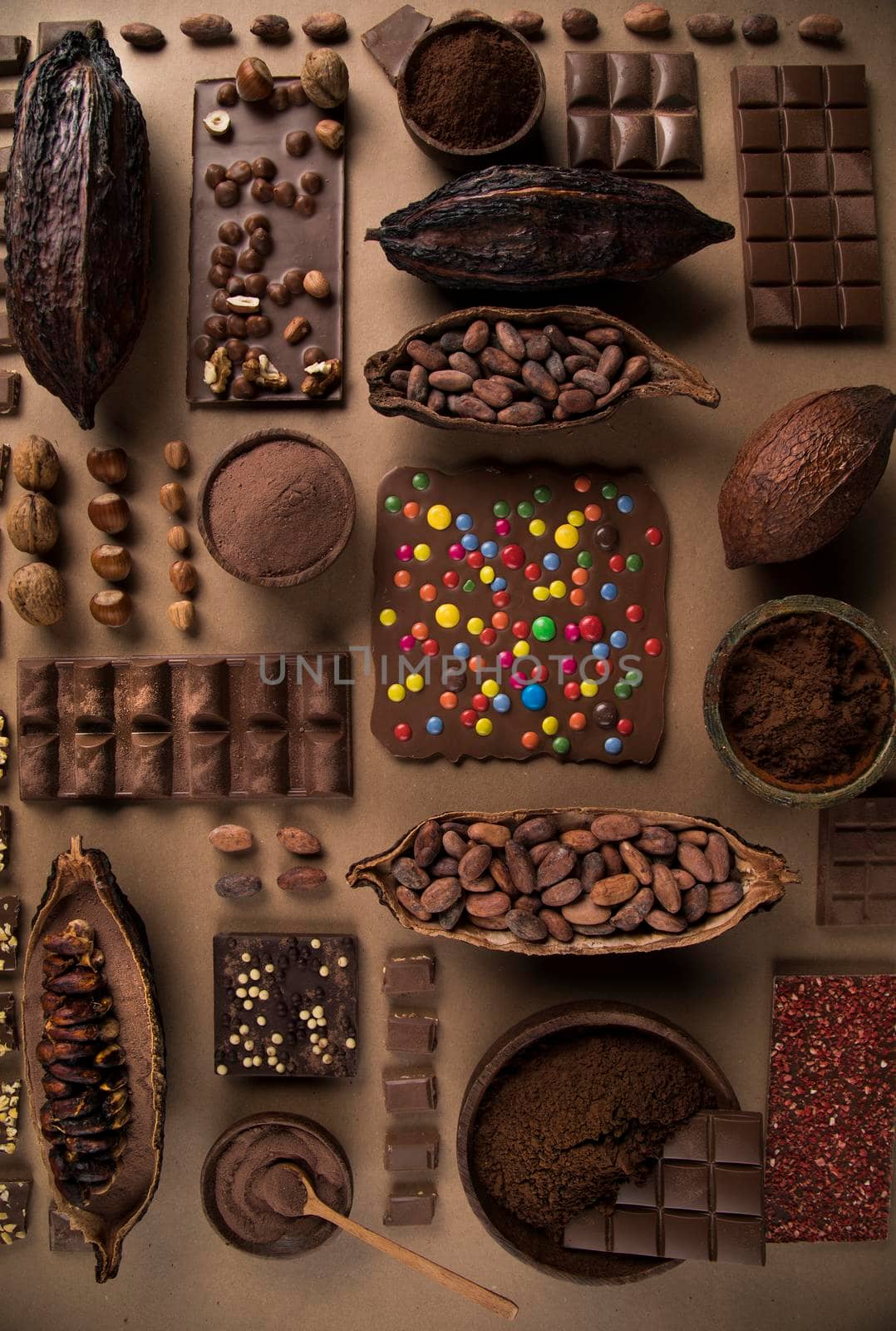 Chocolate Collection, Cocoa pod, candy sweet, dessert on natural paper background