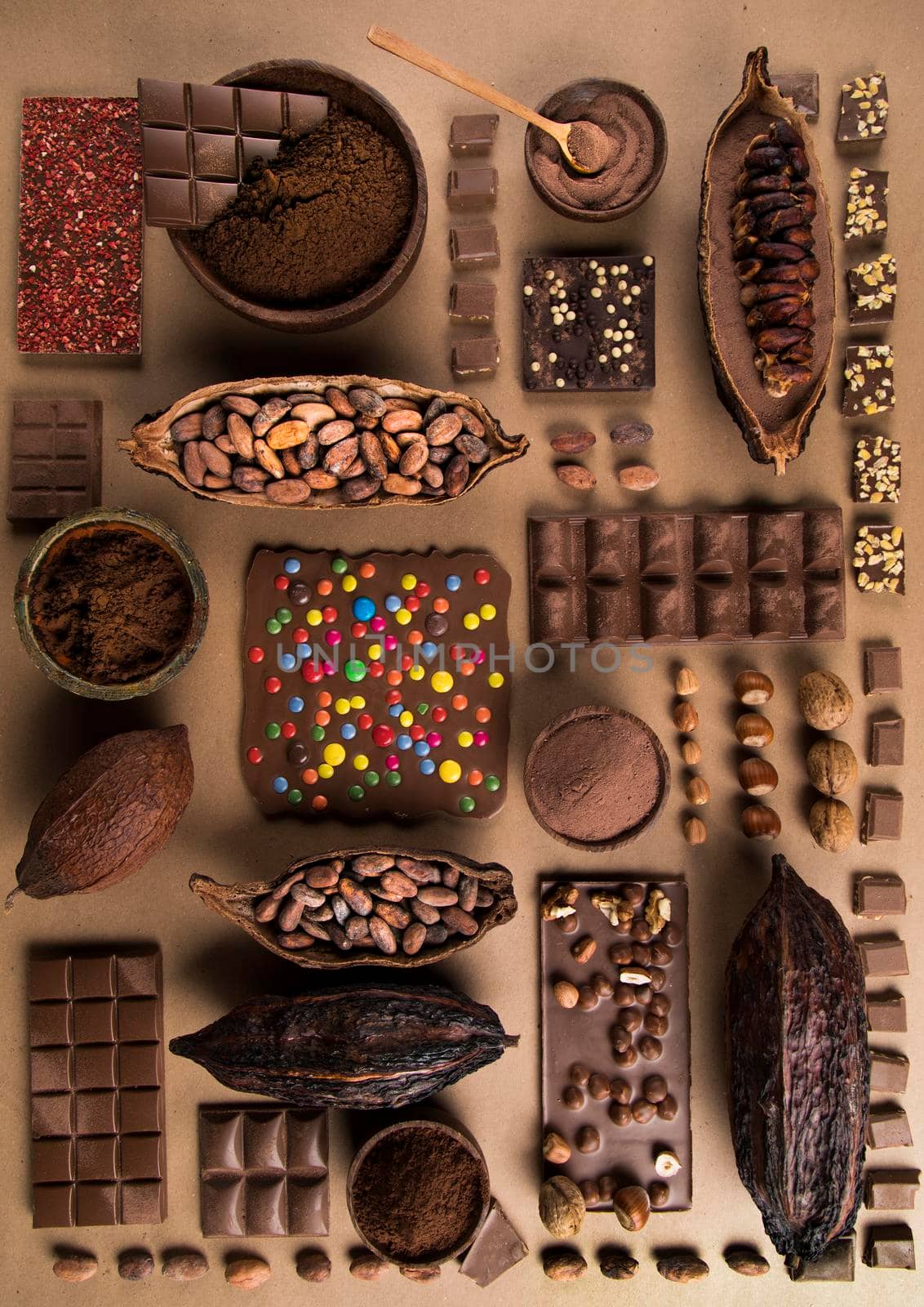 Chocolate Collection, Cocoa pod, candy sweet, dessert on natural paper background