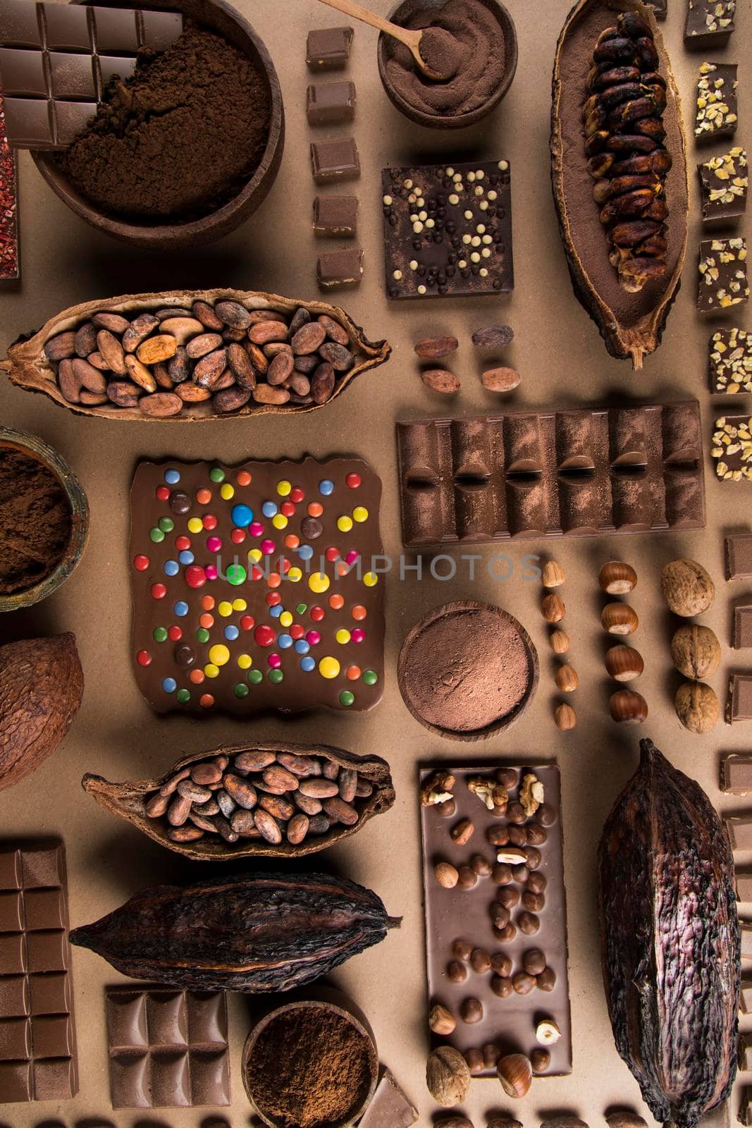 Chocolate Collection, Cocoa pod, candy sweet, dessert on natural paper background