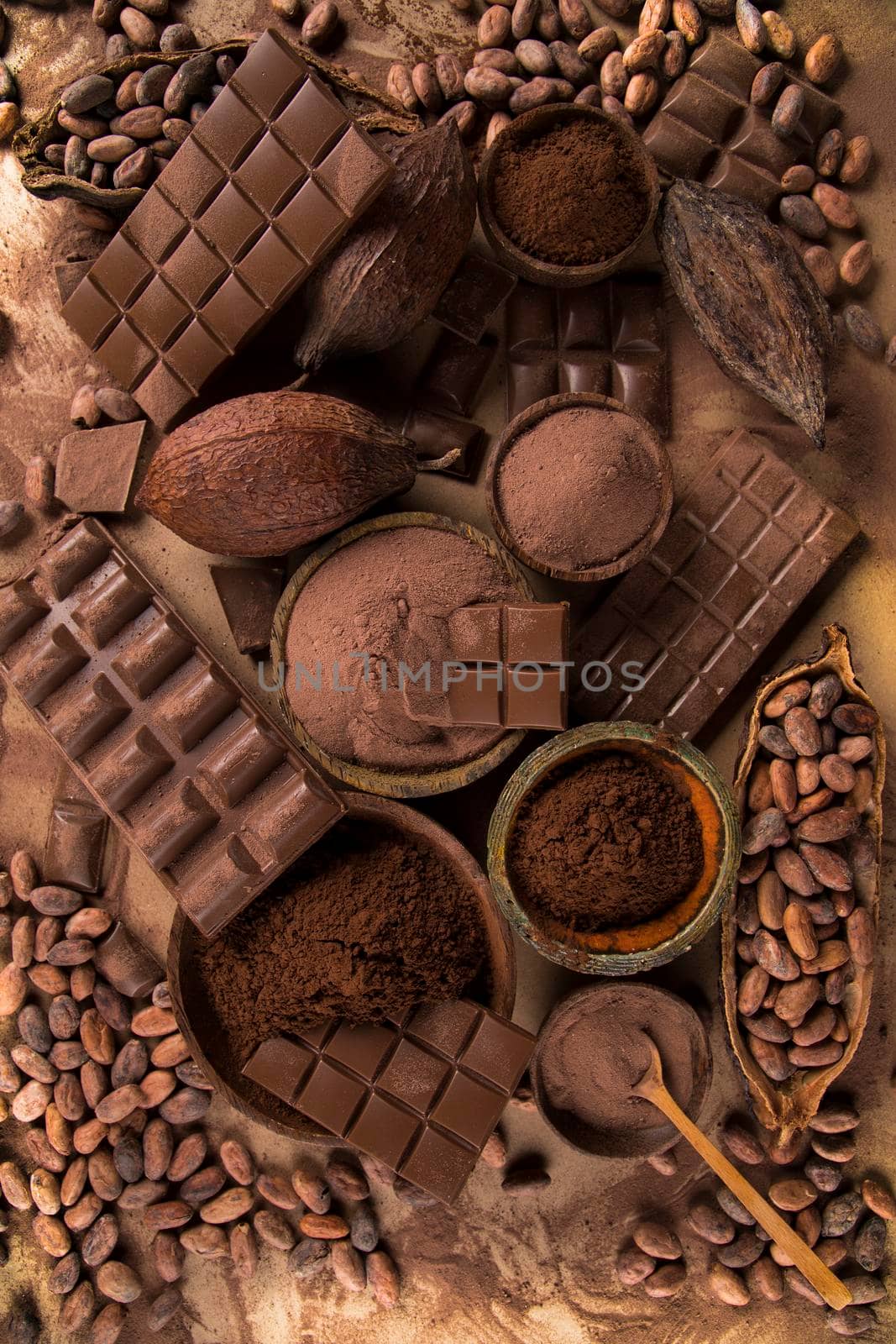 Chocolate bar, candy sweet, cacao beans and powder  by JanPietruszka