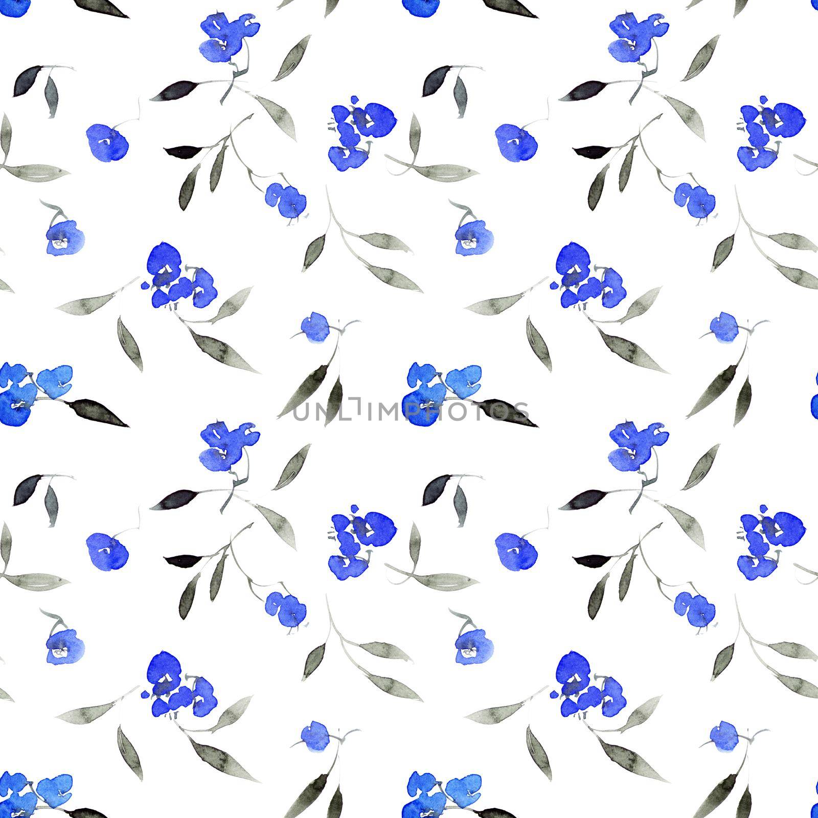 Watercolor seamless pattern of blue flowers and leaves. Oriental traditional painting in style sumi-e, u-sin and gohua.
