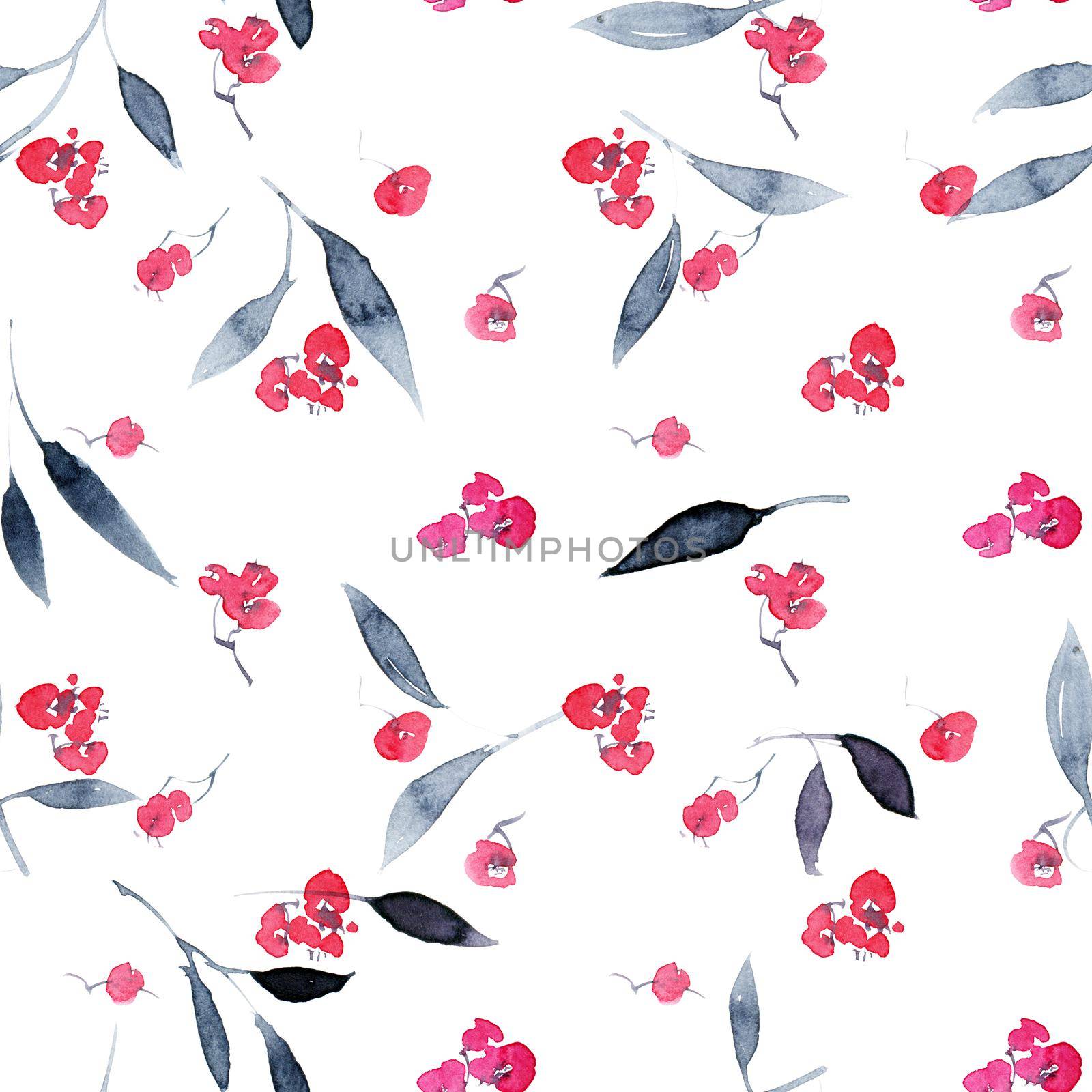 Watercolor seamless pattern of pink flowers and leaves. Oriental traditional painting in style sumi-e, u-sin and gohua.