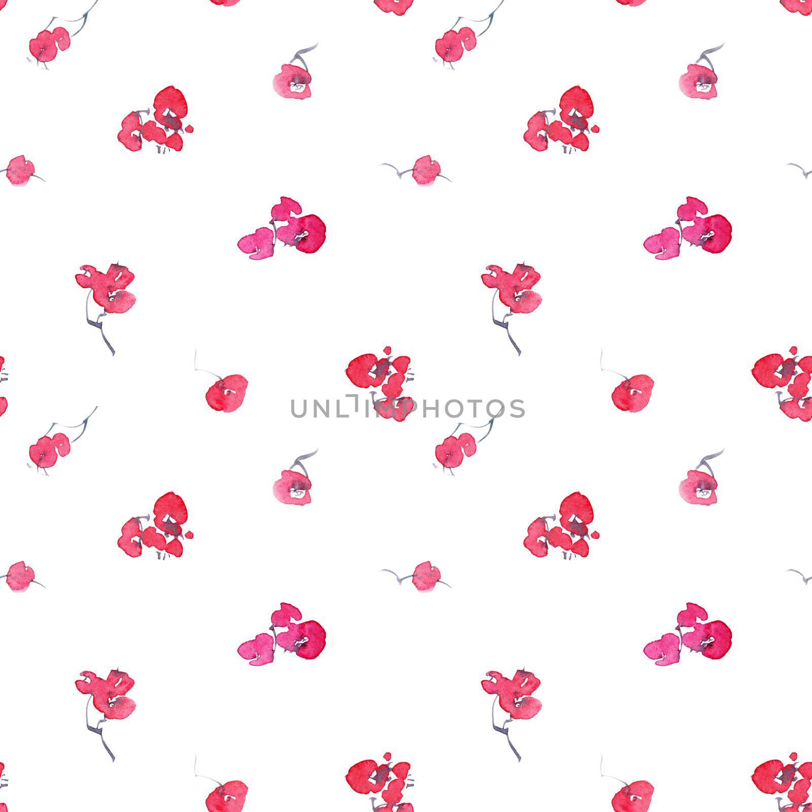 Watercolor seamless pattern of pink flowers. Oriental traditional painting in style sumi-e, u-sin and gohua.