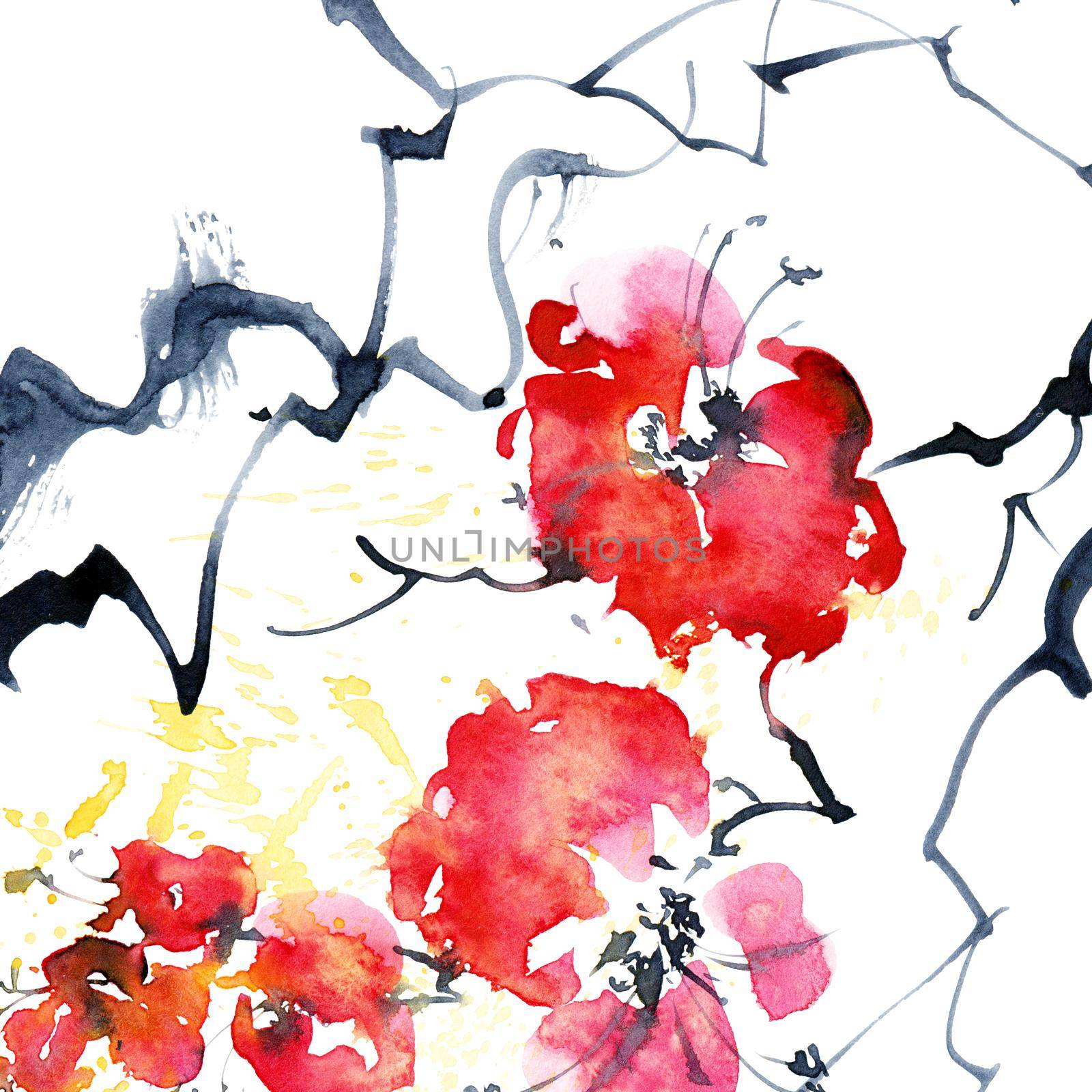 Watercolor and ink illustration of blossom tree branch with red flowers and splashes. Oriental traditional painting in style sumi-e, u-sin and gohua.