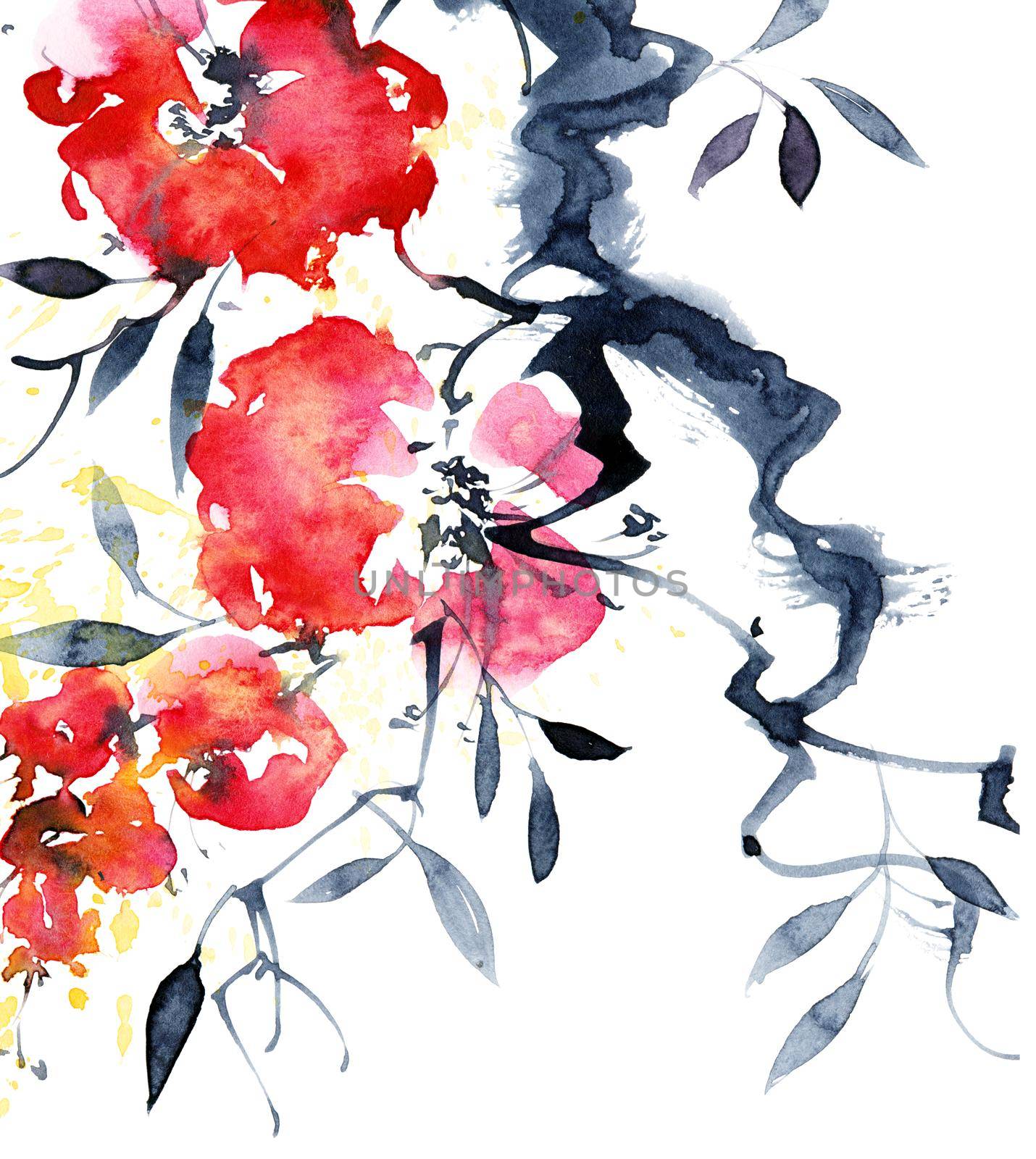 Watercolor and ink illustration of blossom tree branch with red flowers, leaves and splashes. Oriental traditional painting in style sumi-e, u-sin and gohua.
