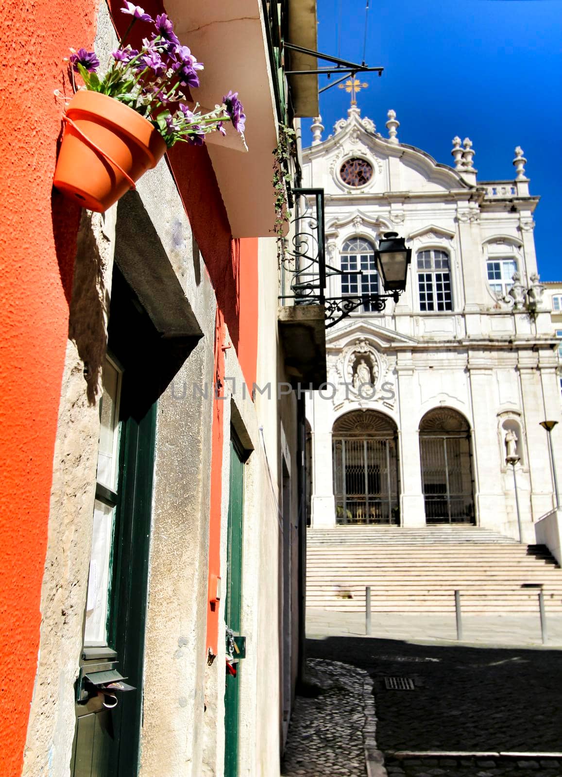 Lisbon, Portugal- March 7, 2020:Beautiful Nossa Senhora Das Merces church facade in Lisbon
