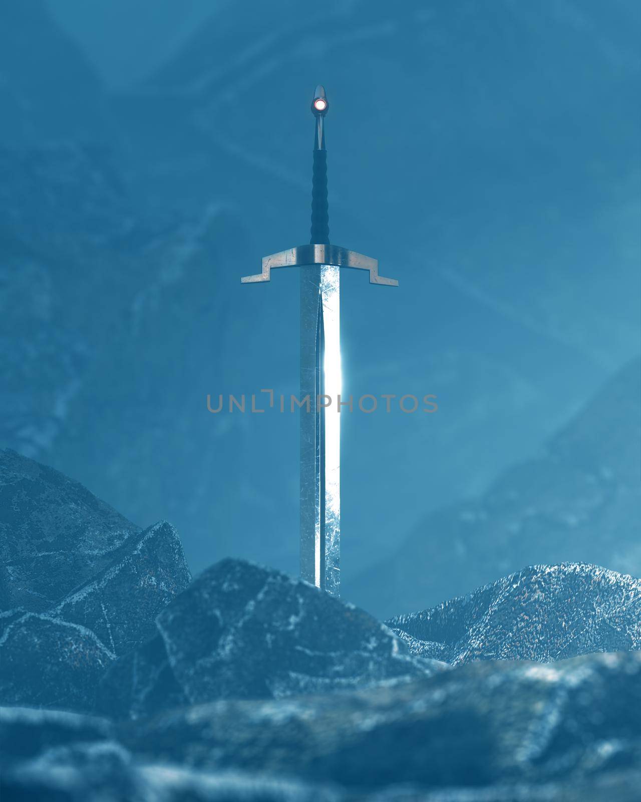 3d render of a sword in the stone with a surreal background.