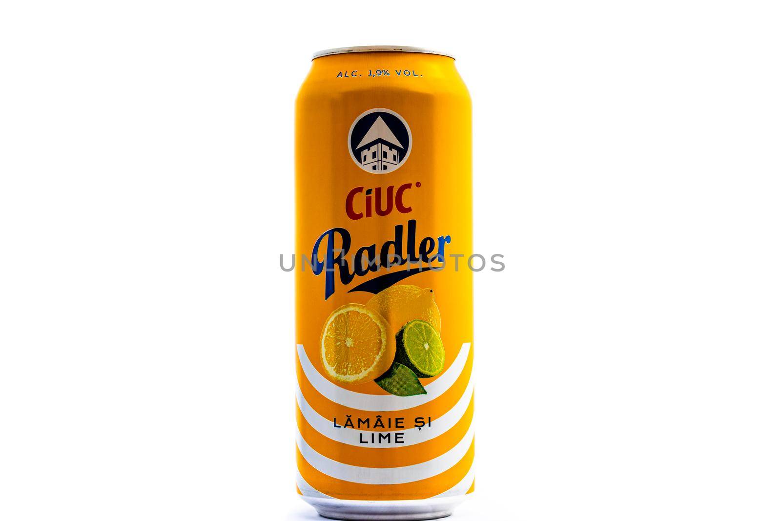 Can of Ciuc Radler beer isolated on white. Illustrative editorial photo shot in Bucharest, Romania, 2021 by vladispas
