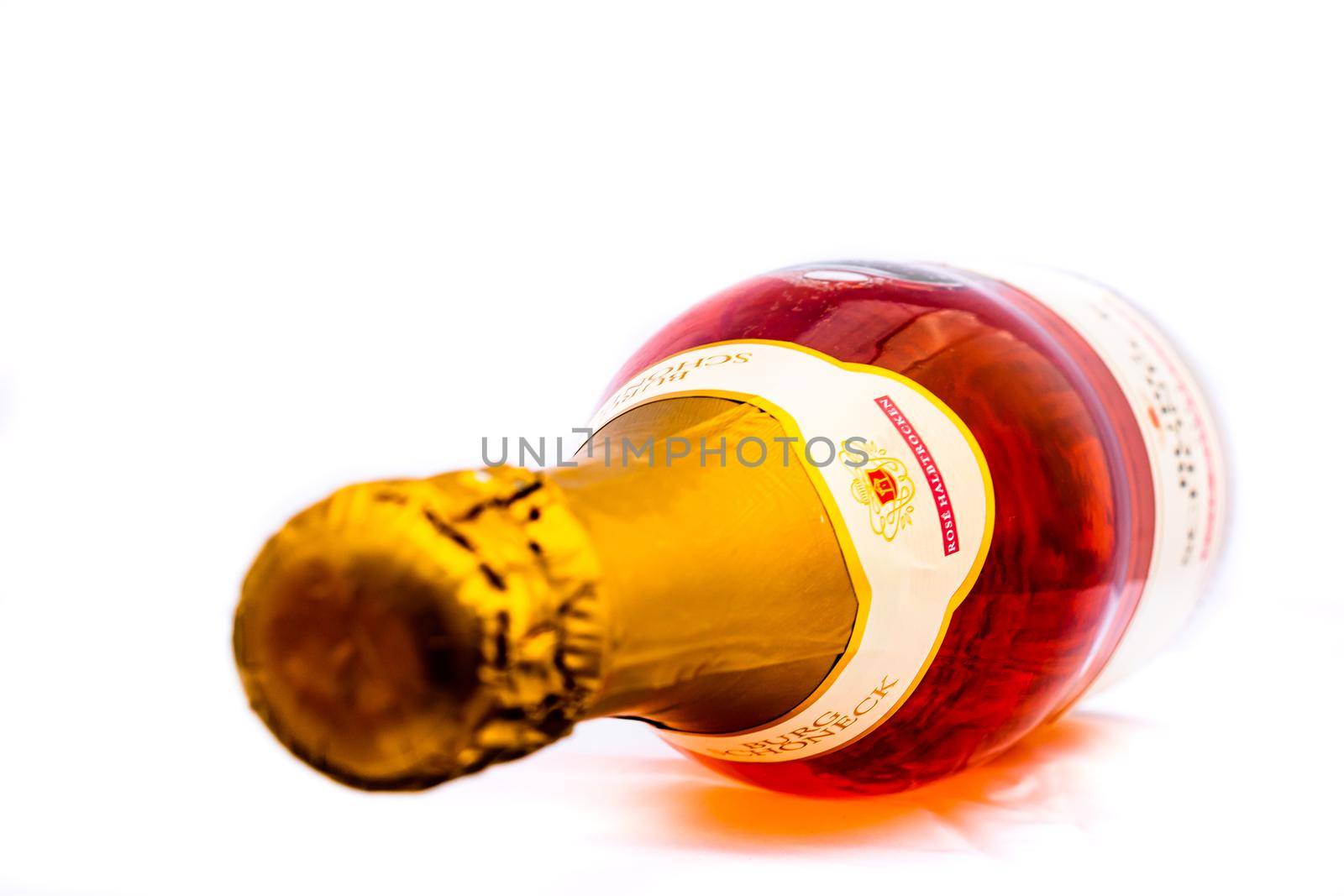 Bottle of Burg Schonneck sparkling wine, prosecco wine isolated on white. Illustrative editorial photo shot in Bucharest, Romania, 2021 by vladispas