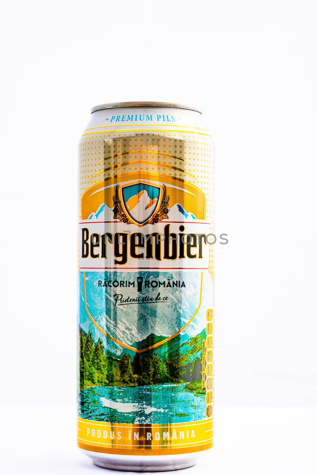 Can of Bergenbier beer isolated on white. Illustrative editorial photo shot in Bucharest, Romania, 2021 by vladispas