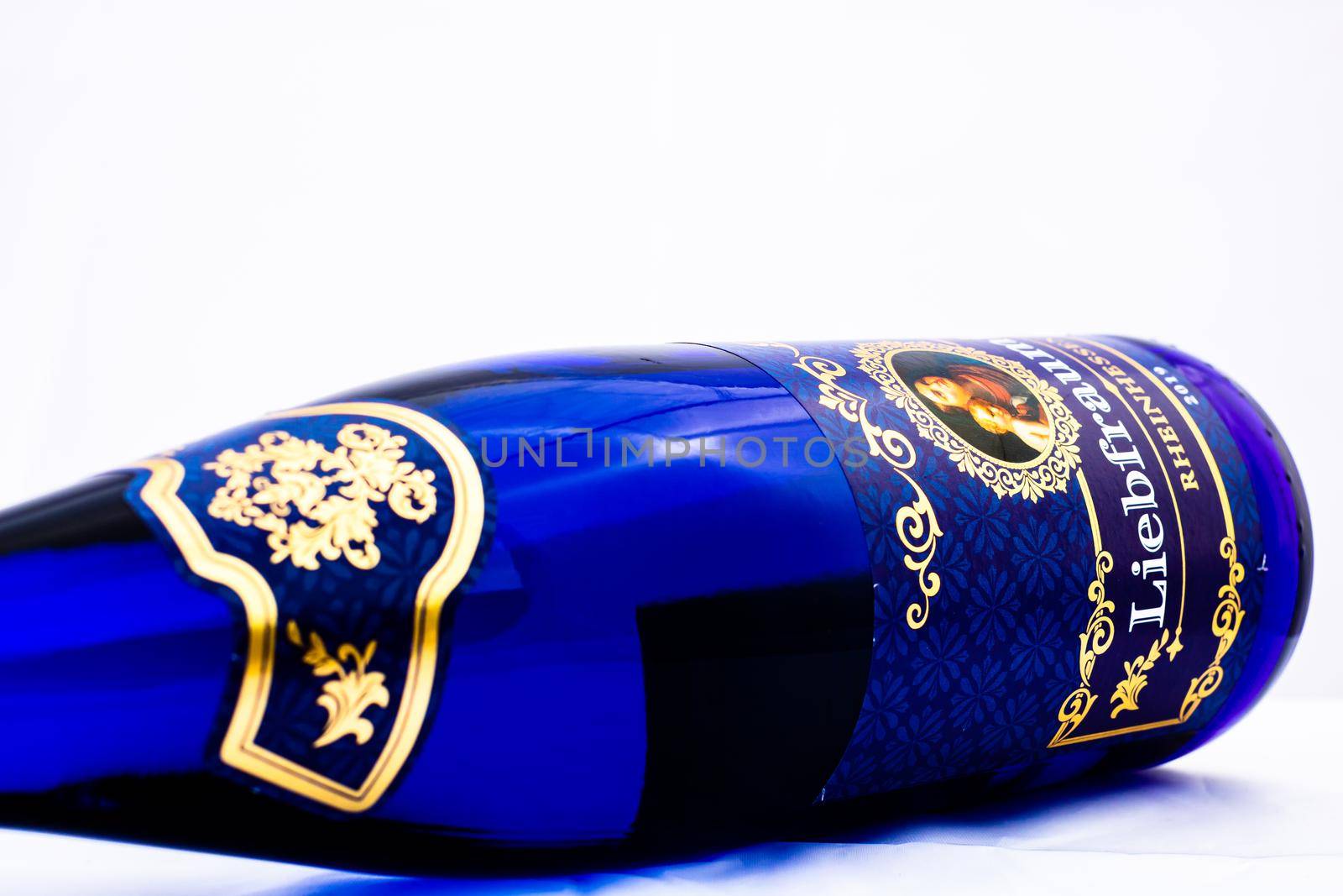 Bottle of Liebfraumilch Rheinhessen wine isolated on white. Illustrative editorial photo shot in Bucharest, Romania, 2021