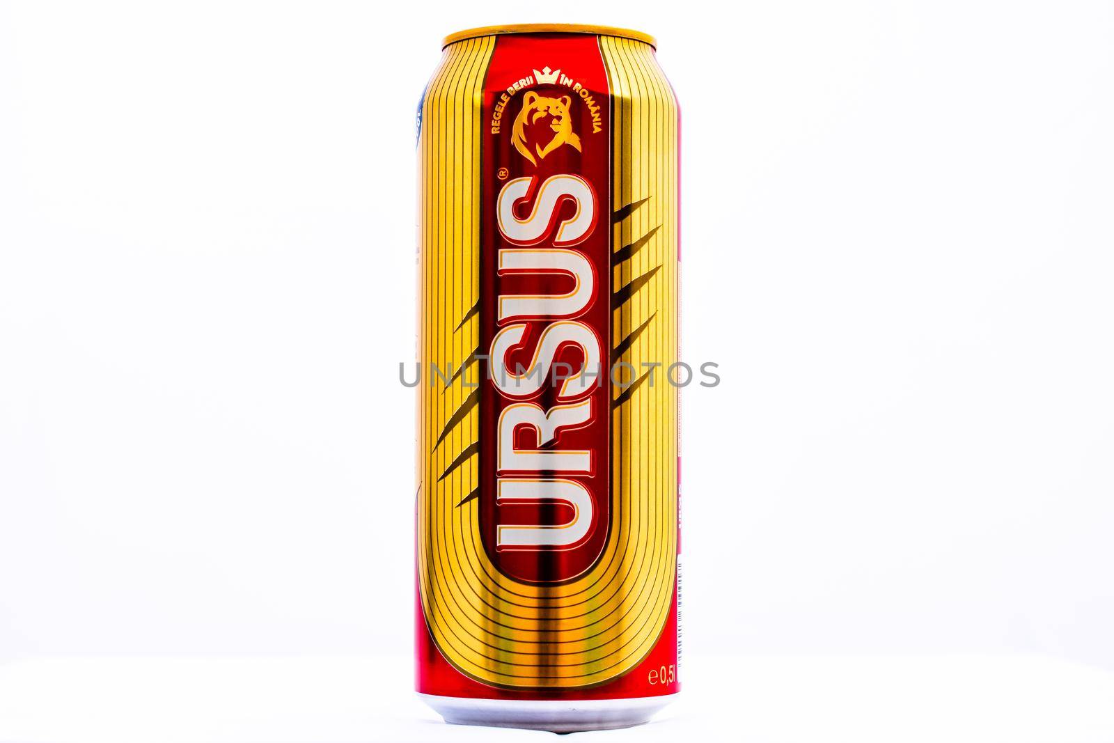 Can of Ursus beer isolated on white. Illustrative editorial photo shot in Bucharest, Romania, 2021 by vladispas