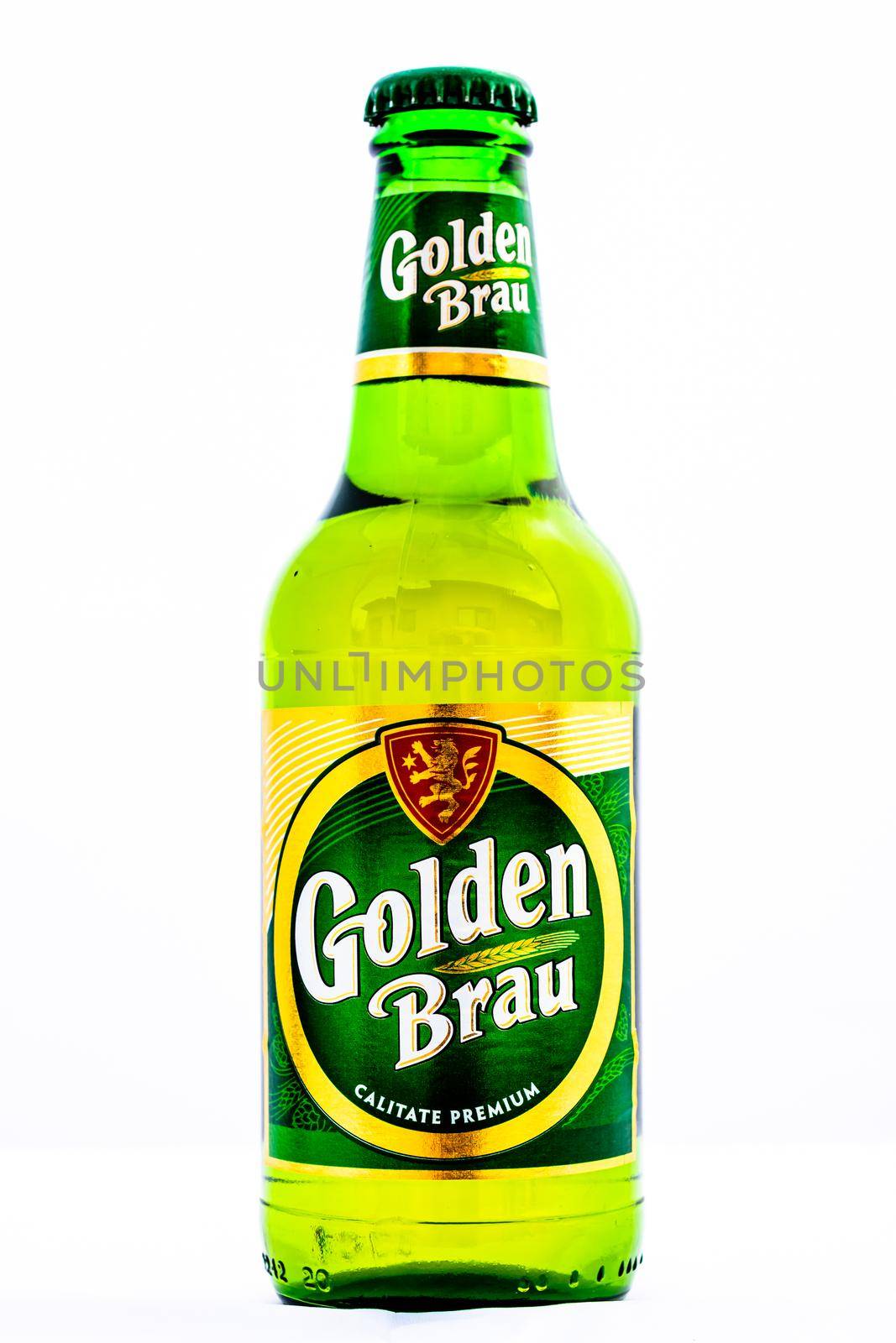 Bottle of Golden Brau beer isolated on white. Illustrative editorial photo shot in Bucharest, Romania, 2021
