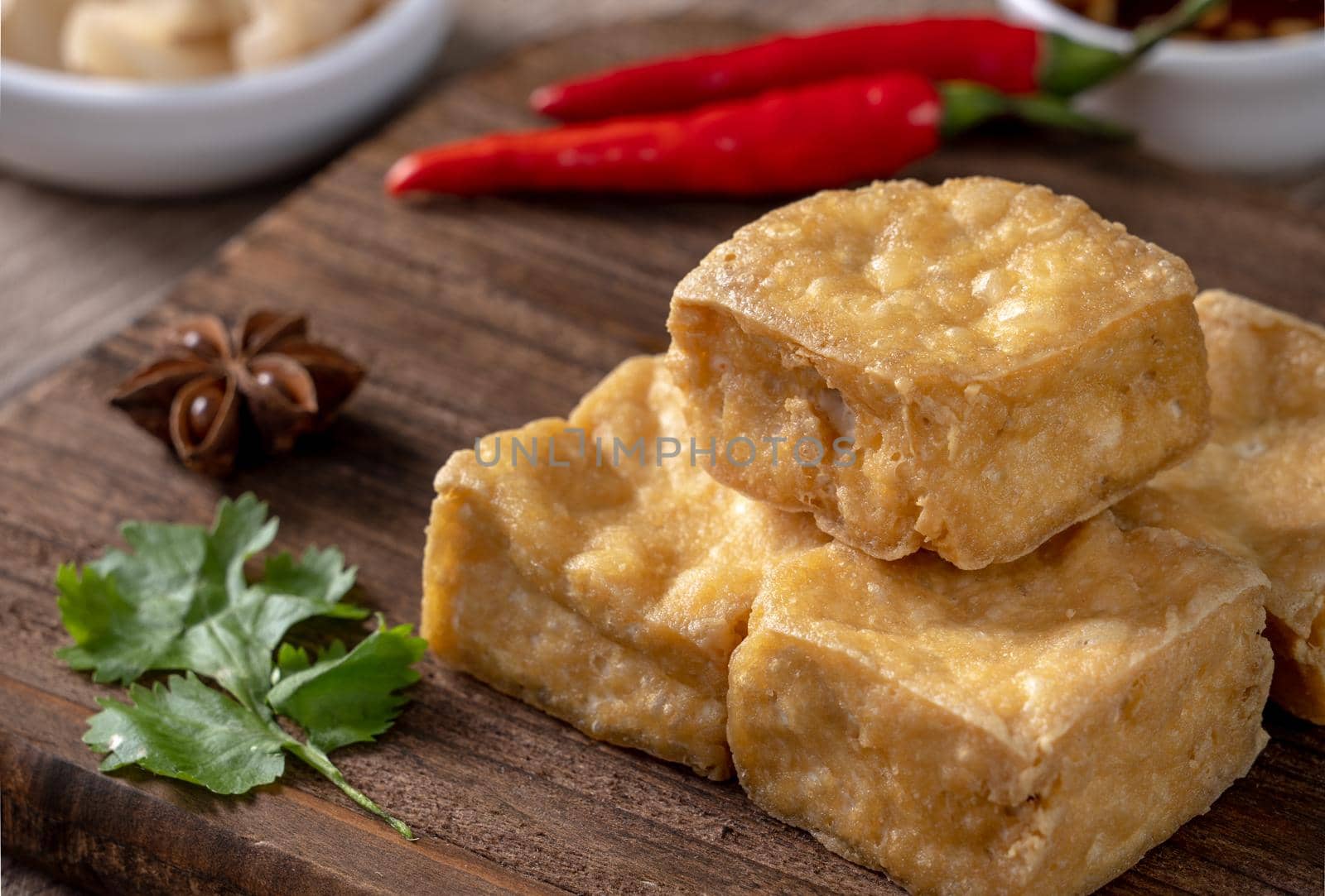 Deep fried stinky tofu, fermented bean curd with pickled cabbage vegetable, famous and delicious street food in Taiwan.