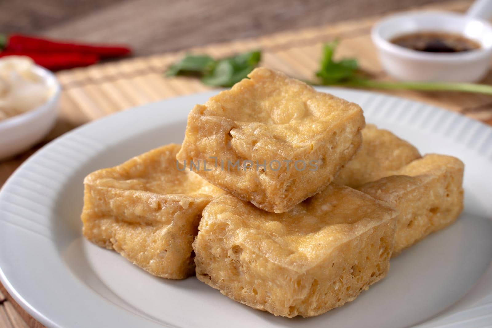Deep fried stinky tofu, fermented bean curd with pickled cabbage vegetable, famous and delicious street food in Taiwan.