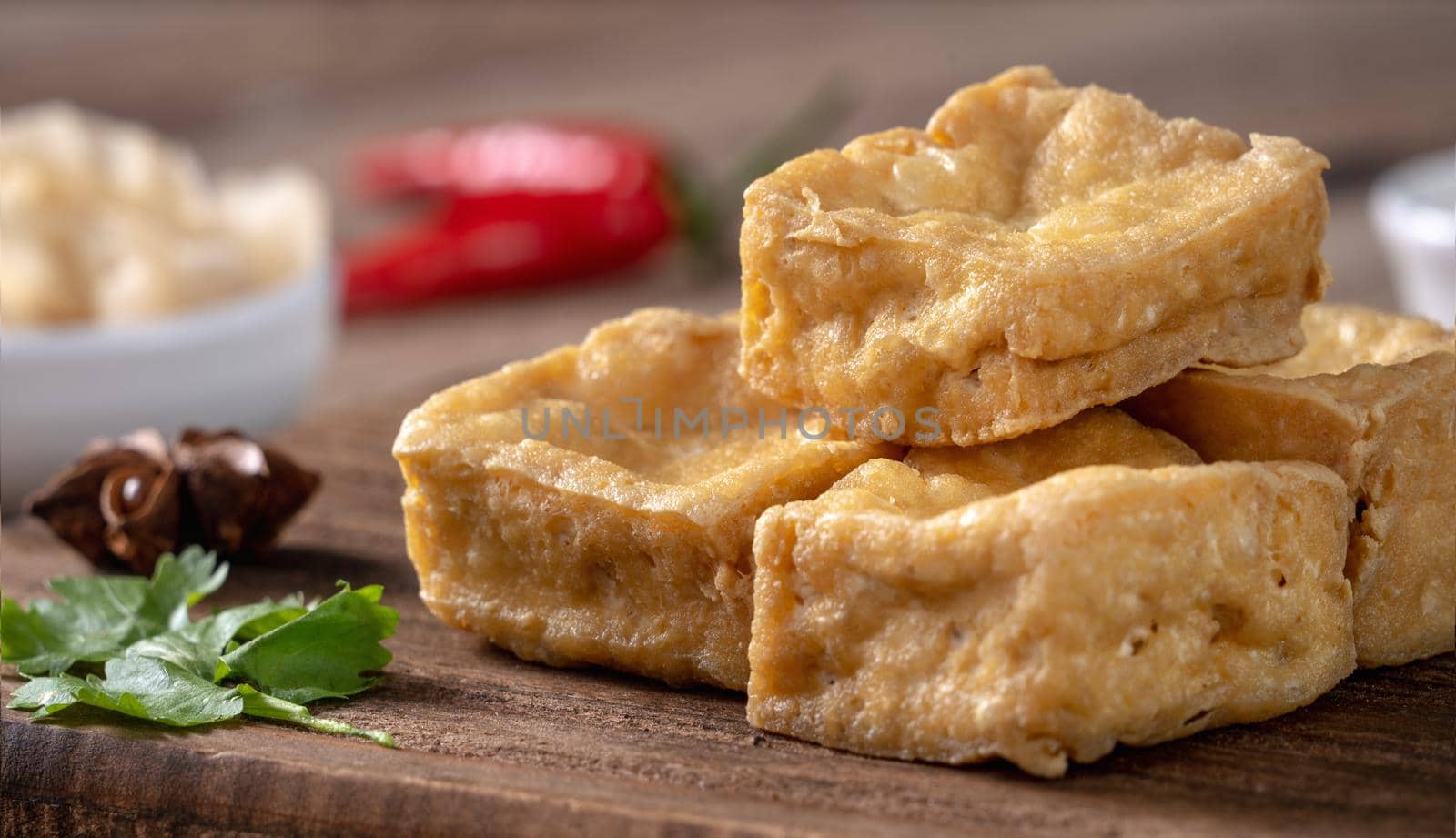 Deep fried stinky tofu, fermented bean curd with pickled cabbage vegetable, famous and delicious street food in Taiwan.