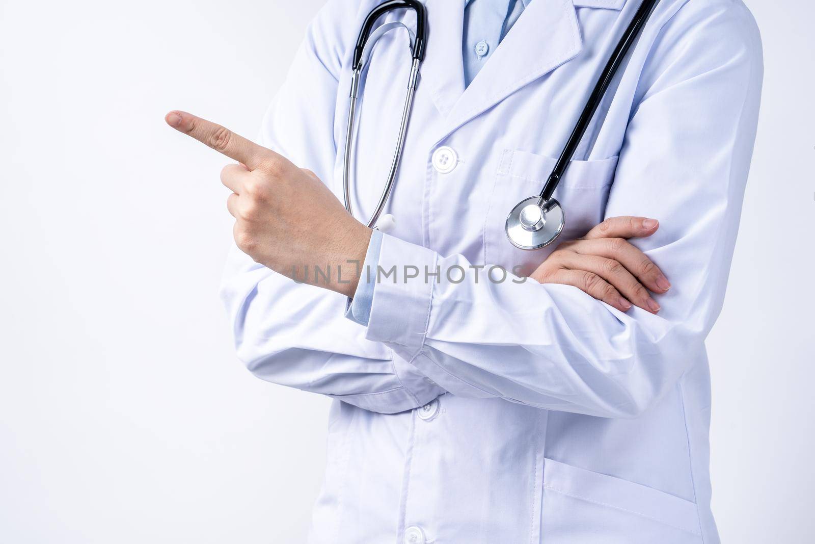 Female doctor body part with hand gesture, young woman physician with stethoscope isolated on white background, close up, cropped view, copy space
