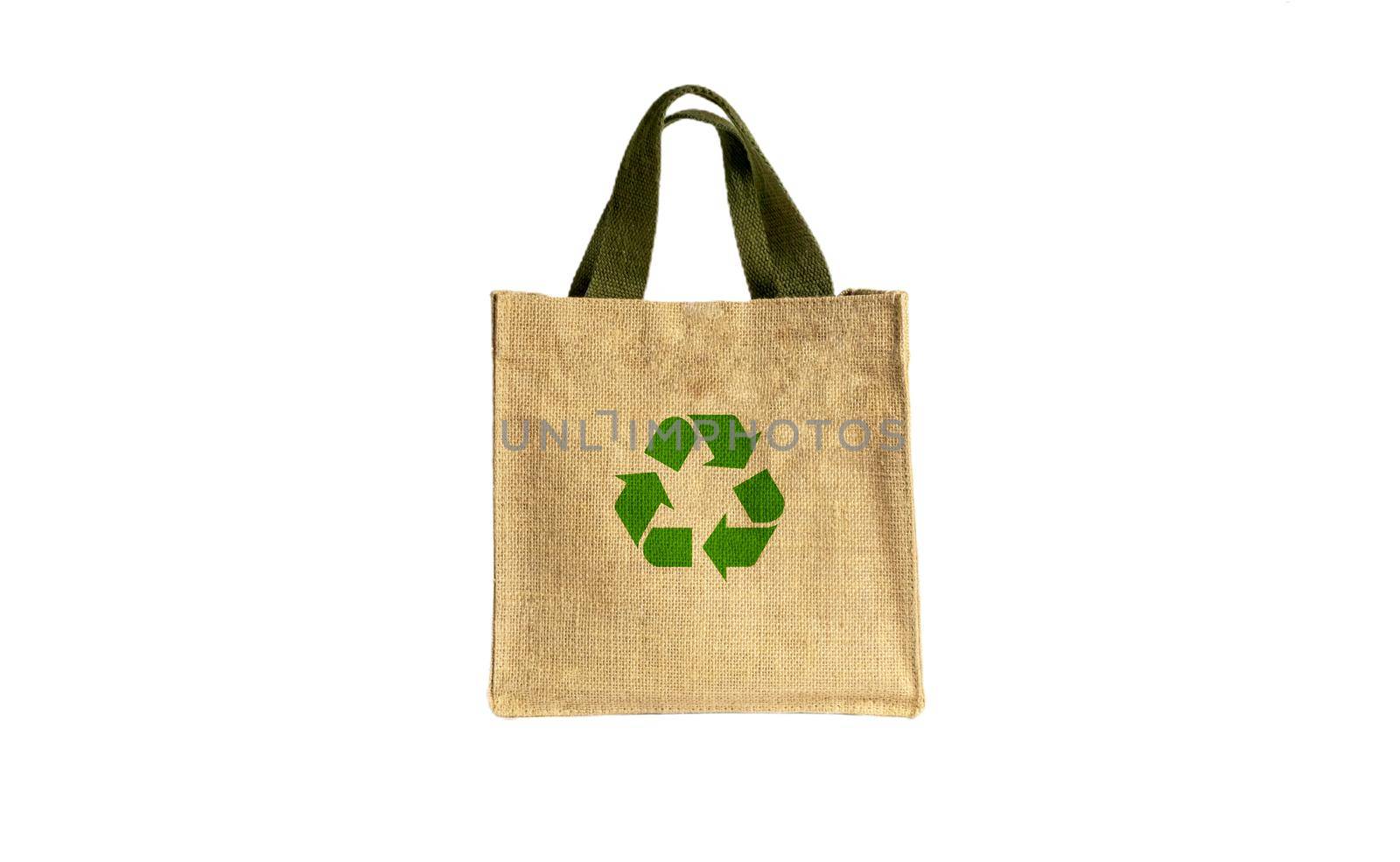 cloth eco bags blank or cotton yarn cloth bags, empty bags and green recycling symbol isolated on white, fabric cloth eco bag green empty template for campaign to use bags to reduce waste plastic
