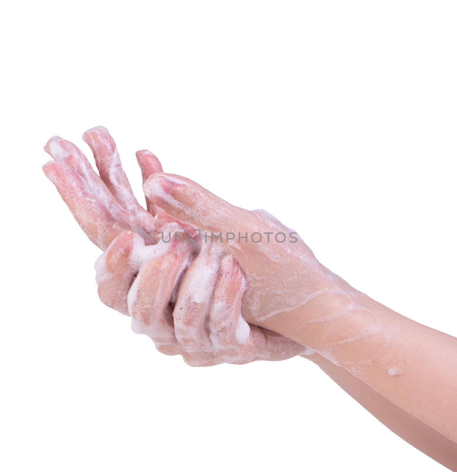 Washing hands isolated on white background. Asian young woman using liquid soap to wash hands, concept of protecting pandemic coronavirus, close up.