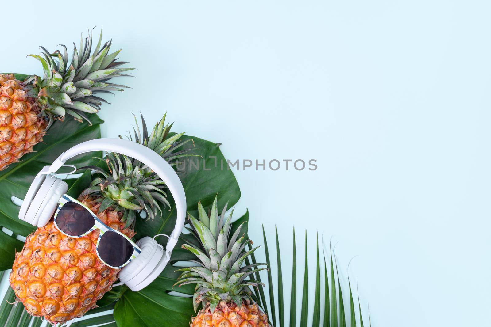 Funny pineapple wearing white headphone, concept of listening music, isolated on colored background with tropical palm leaves, top view, flat lay design.