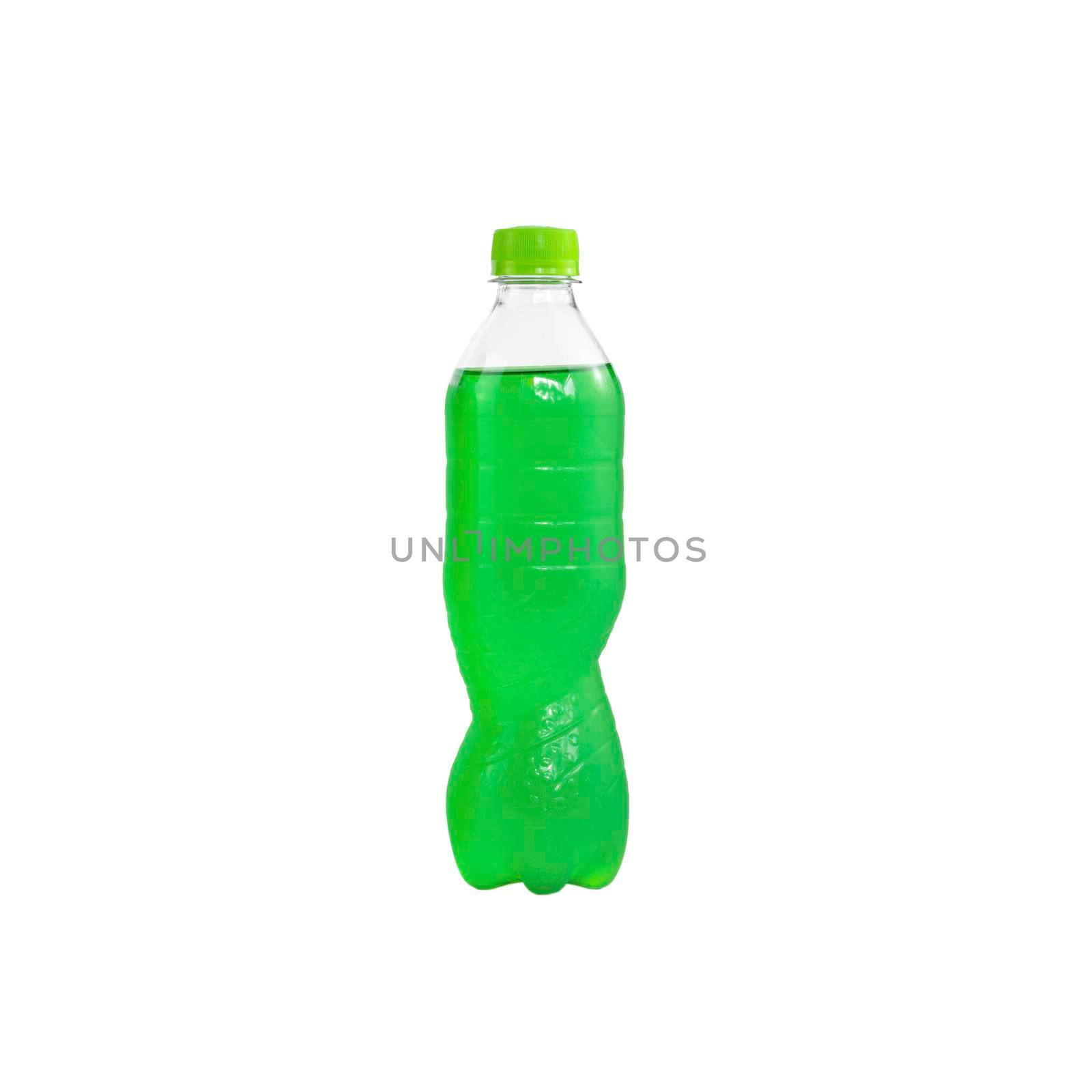Green sparkling water in a plastic bottle isolated on white background