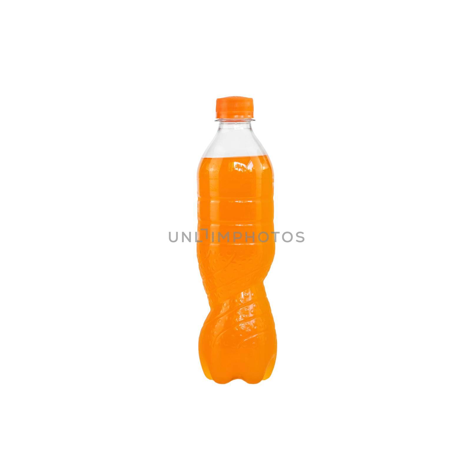 Orange sparkling water in a plastic bottle isolated on white background