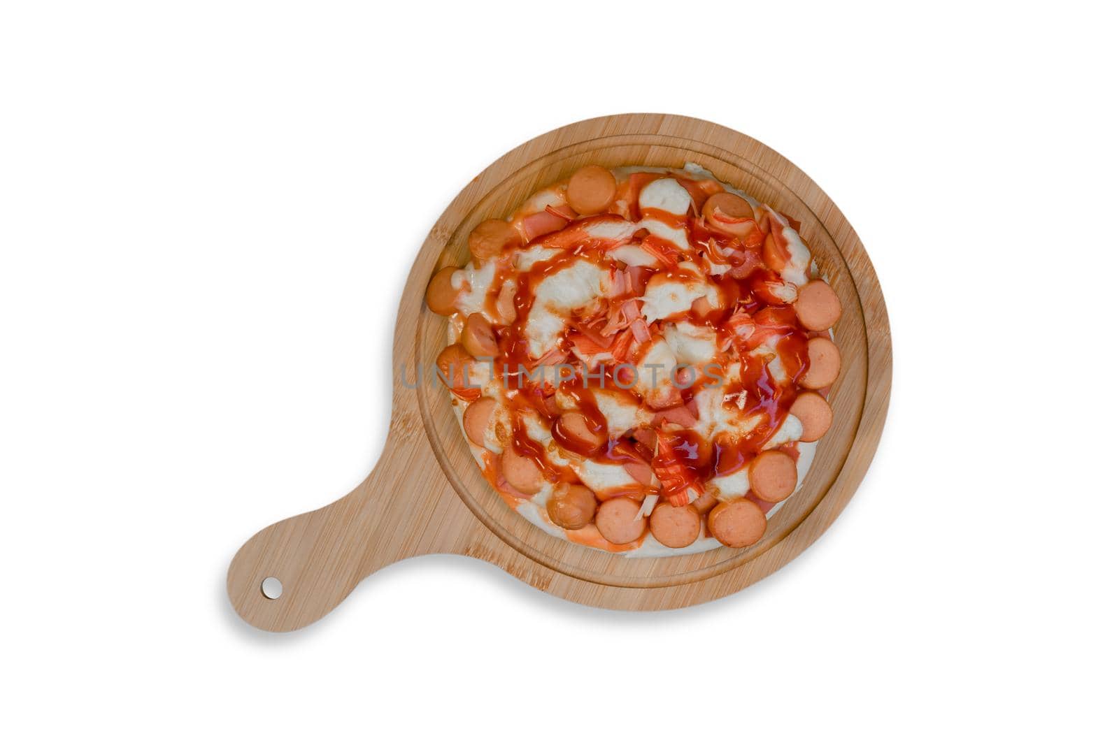 Top view of pizza on a wooden tray on a white background