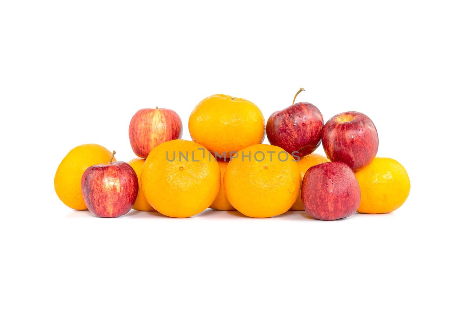 Group of oranges fruit and apples isolated on white background