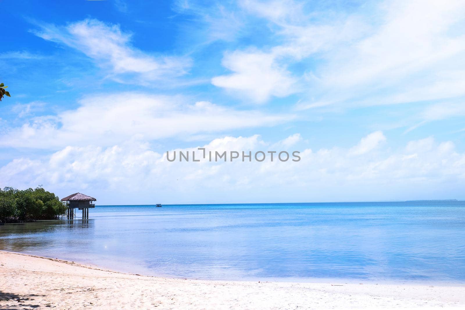 Chairs on the amazing beautiful sandy beach near the ocean with blue sky. Concept of summer leisure calm vacation for a tourism idea. Empty copy space, inspiration of tropical landscape