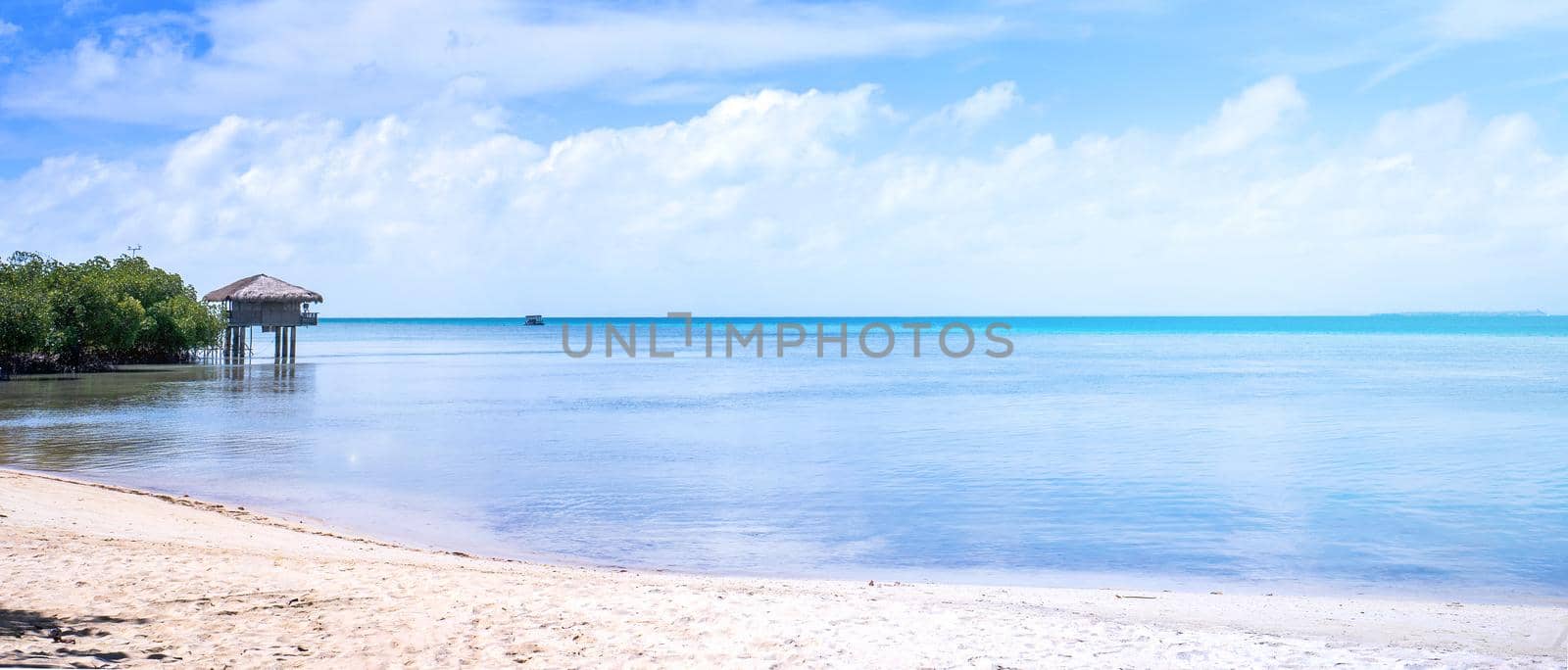 Chairs on the amazing beautiful sandy beach near the ocean with blue sky. Concept of summer leisure calm vacation for a tourism idea. Empty copy space, inspiration of tropical landscape