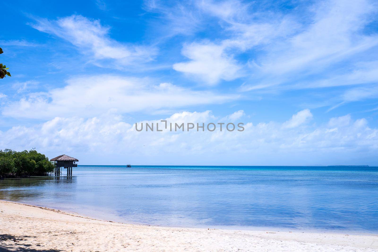 Beautiful amazing gold colored sandy beach with soft waves isolated with sunny blue sky. Concept of tropical calm tourism idea, copy space, close up