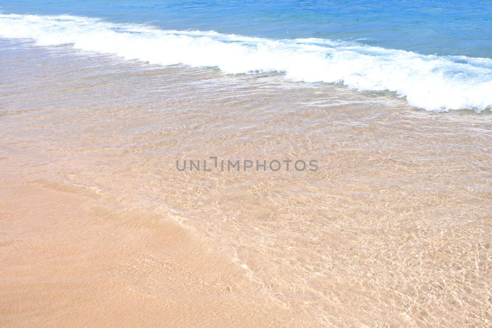 Beautiful amazing gold colored sandy beach with soft waves isolated with sunny blue sky. Concept of tropical calm tourism idea, copy space, close up