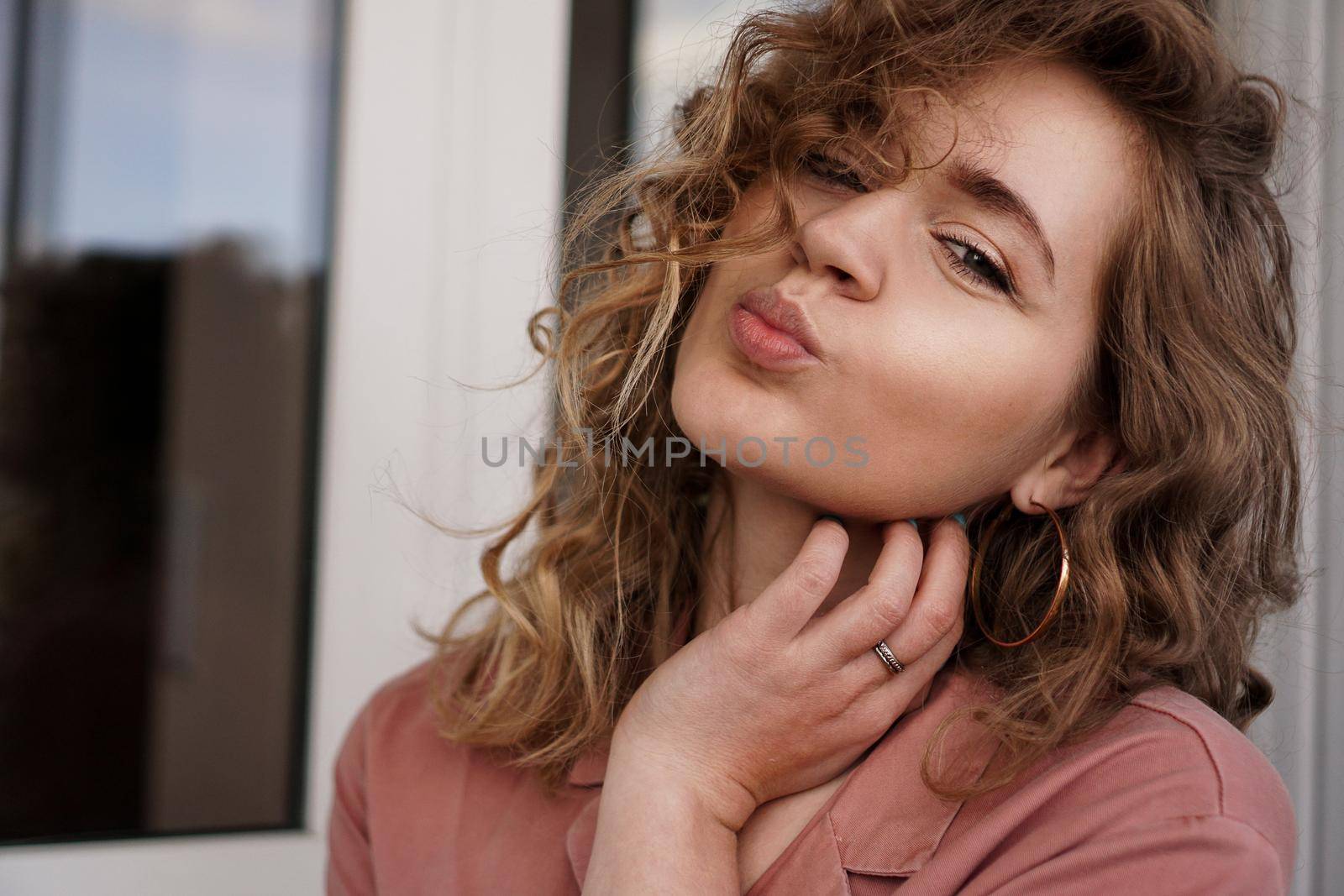 Closeup photo of beautiful funny pretty curly lady positive good mood sending air kisses