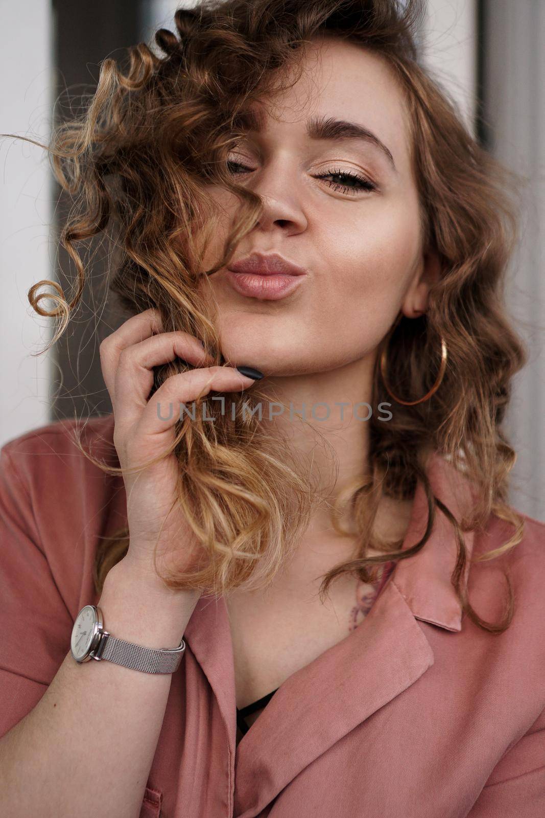 Closeup photo of beautiful funny pretty curly lady positive good mood sending air kisses
