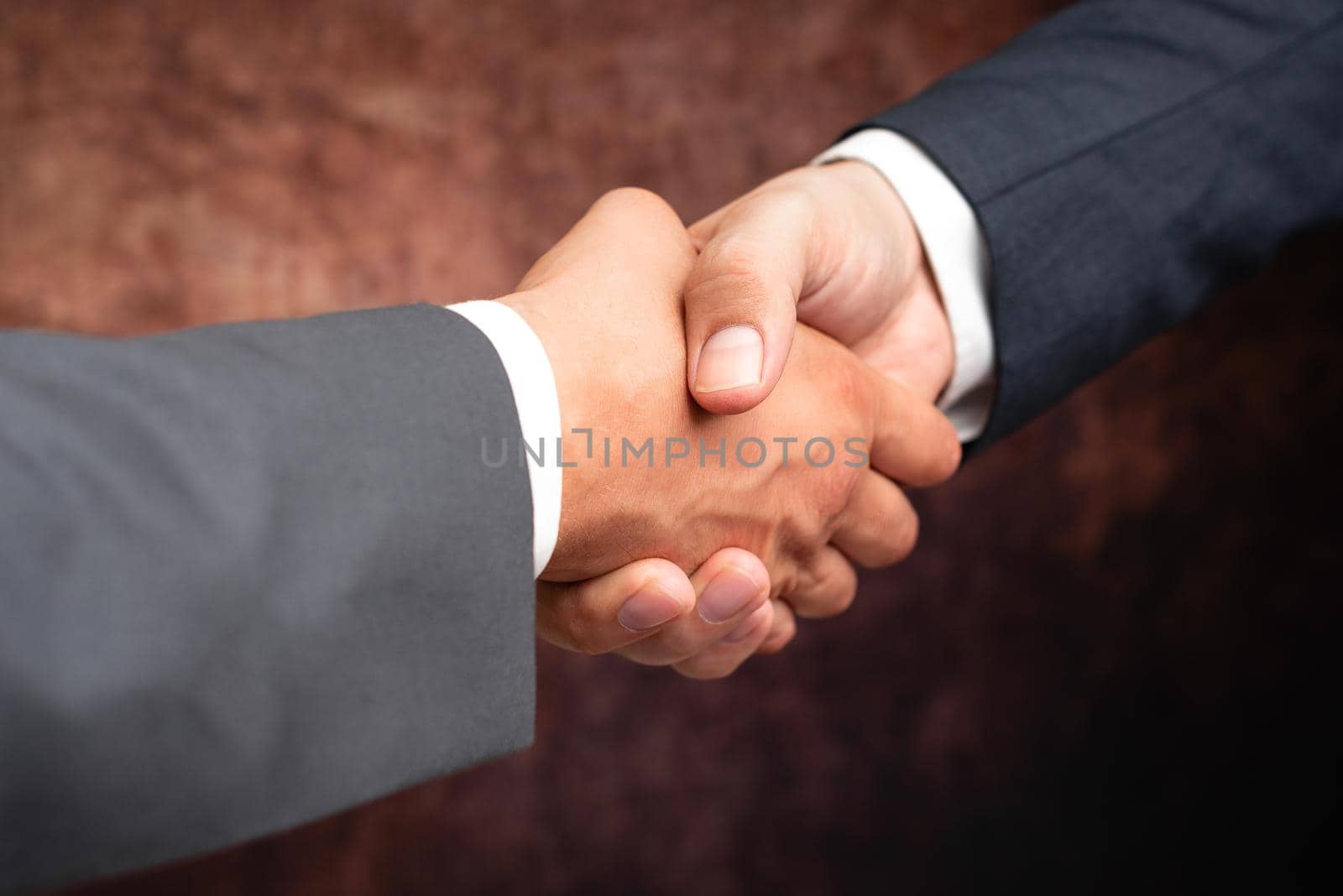 Corporate Businessmen Handshake Indoors.Two People Professionally Well Dressed Gesturing Togetherness.Working Colleague Partners Sign Deal In Agreement To Contract by nialowwa