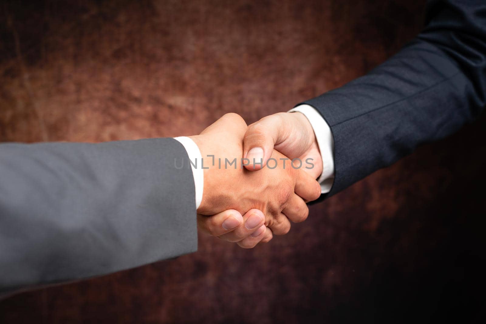 Corporate Businessmen Handshake Indoors.Two People Professionally Well Dressed Gesturing Togetherness.Working Colleague Partners Sign Deal In Agreement To Contract by nialowwa