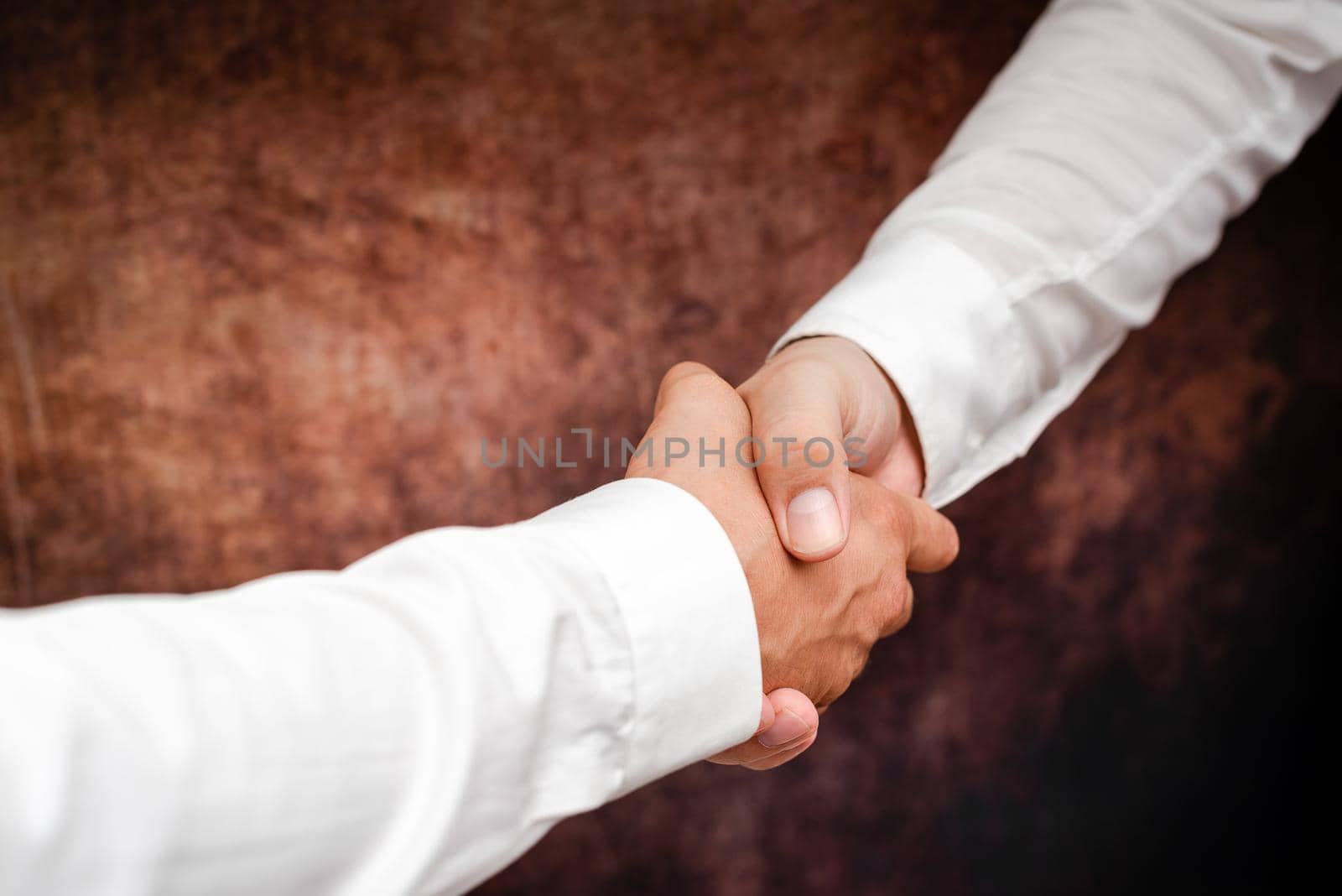 Corporate Businessmen Handshake Indoors.Two People Professionally Well Dressed Gesturing Togetherness.Working Colleague Partners Sign Deal In Agreement To Contract by nialowwa