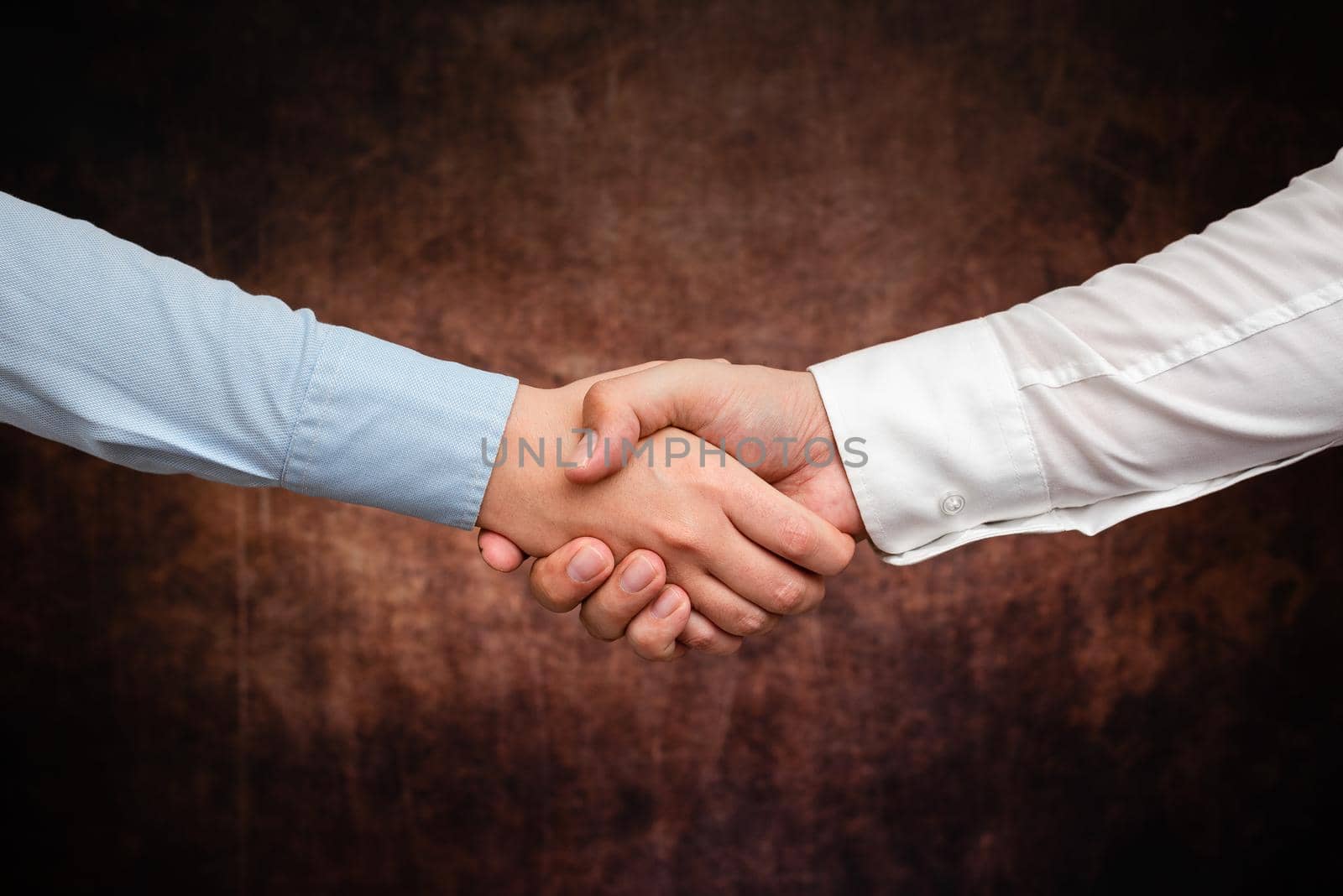 Corporate Businessmen Handshake Indoors.Two People Professionally Well Dressed Gesturing Togetherness.Working Colleague Partners Sign Deal In Agreement To Contract by nialowwa