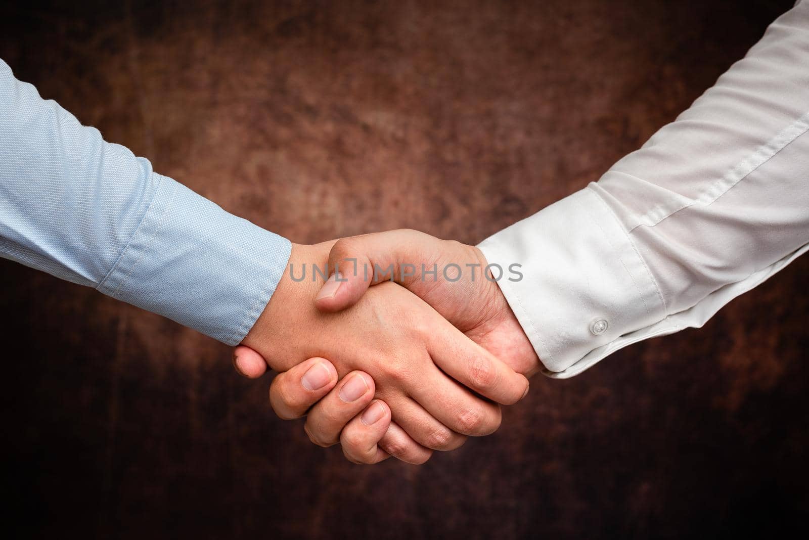 Corporate Businessmen Handshake Indoors.Two People Professionally Well Dressed Gesturing Togetherness.Working Colleague Partners Sign Deal In Agreement To Contract by nialowwa