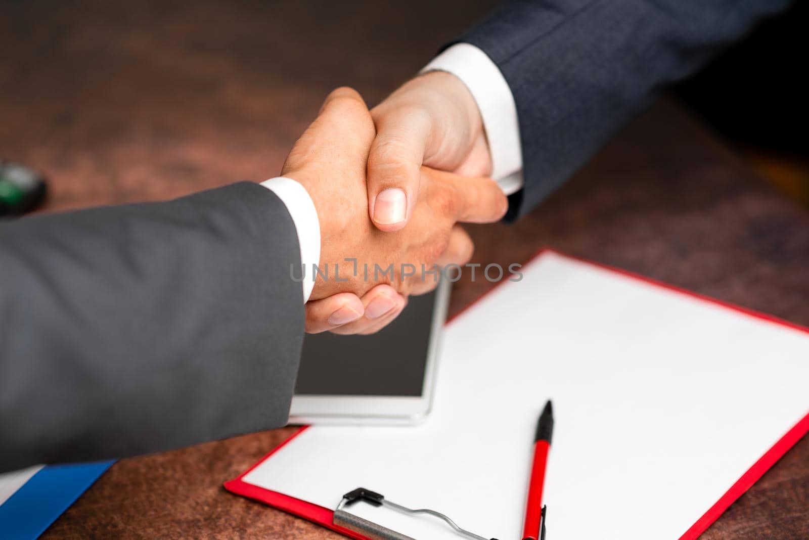 Corporate Businessmen Handshake Indoors.Two People Professionally Well Dressed Gesturing Togetherness.Working Colleague Partners Sign Deal In Agreement To Contract by nialowwa