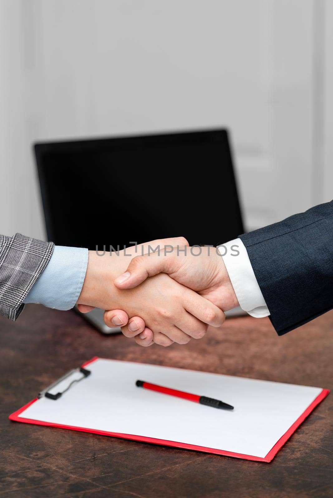 Corporate Businessmen Handshake Indoors.Two People Professionally Well Dressed Gesturing Togetherness.Working Colleague Partners Sign Deal In Agreement To Contract by nialowwa