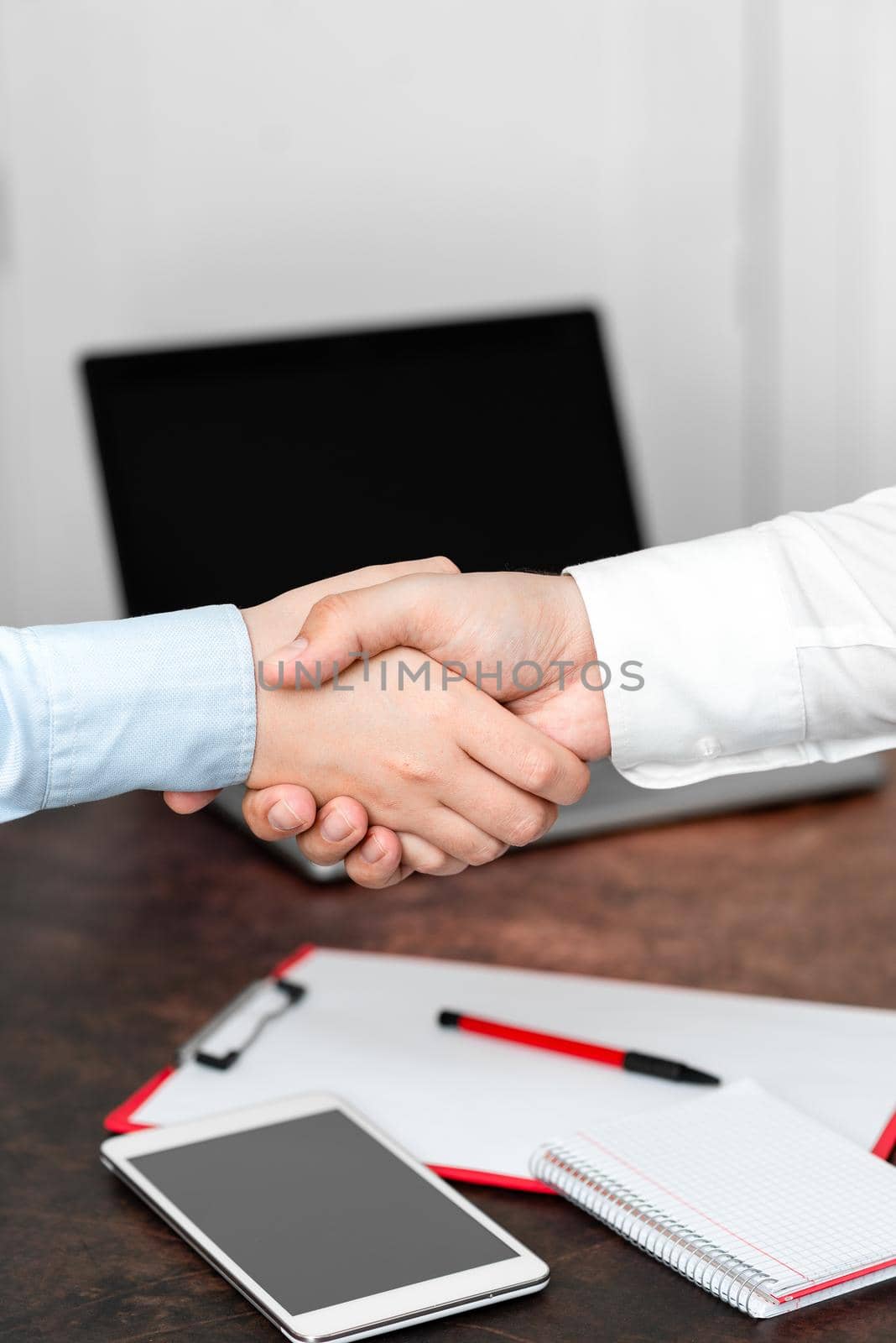 Corporate Businessmen Handshake Indoors.Two People Professionally Well Dressed Gesturing Togetherness.Working Colleague Partners Sign Deal In Agreement To Contract by nialowwa