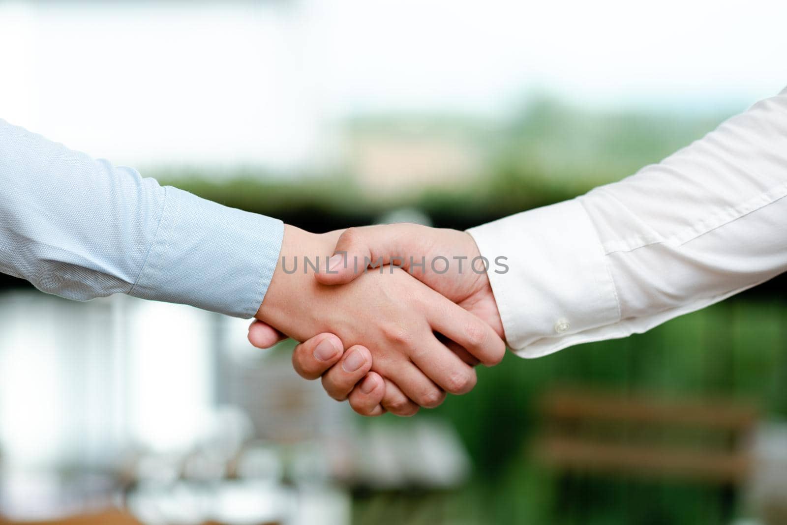 Corporate Businessmen Handshake Indoors.Two People Professionally Well Dressed Gesturing Togetherness.Working Colleague Partners Sign Deal In Agreement To Contract by nialowwa